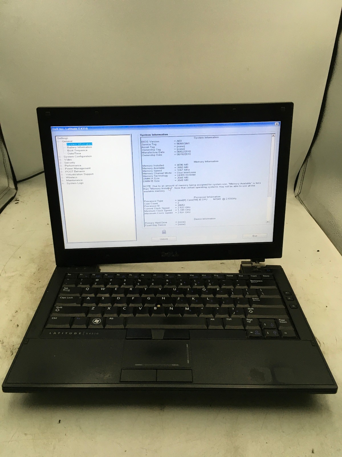 DELL LATITUDE E4310 – BOOTS TO BIOS LOCK – INTEL I6 – 4GB RAM – 13″ – READ – BB