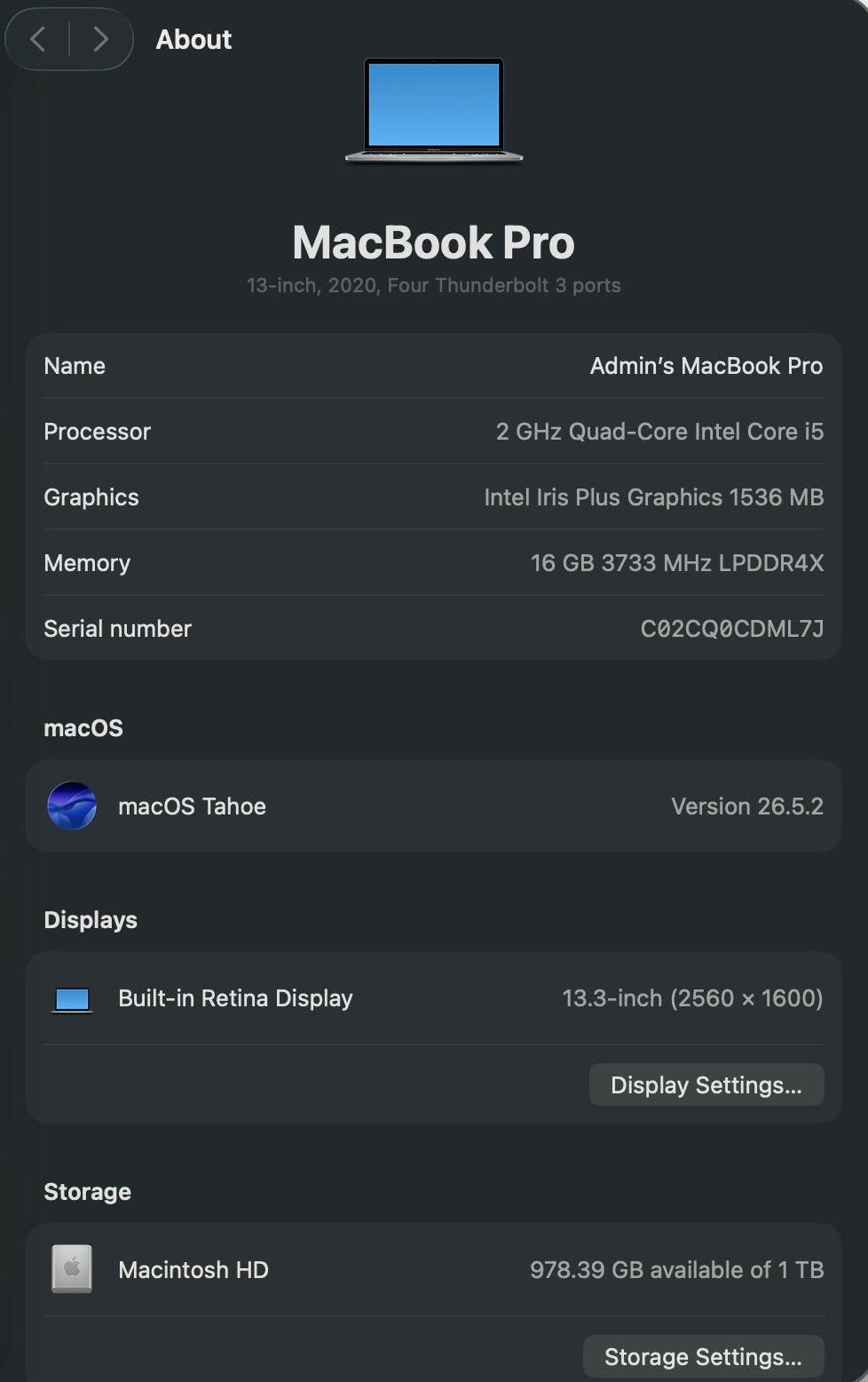 Apple MacBook Pro 13in 2020 Space Gray 2GHz i5 1TB 16GB Touch Bar Good Condition