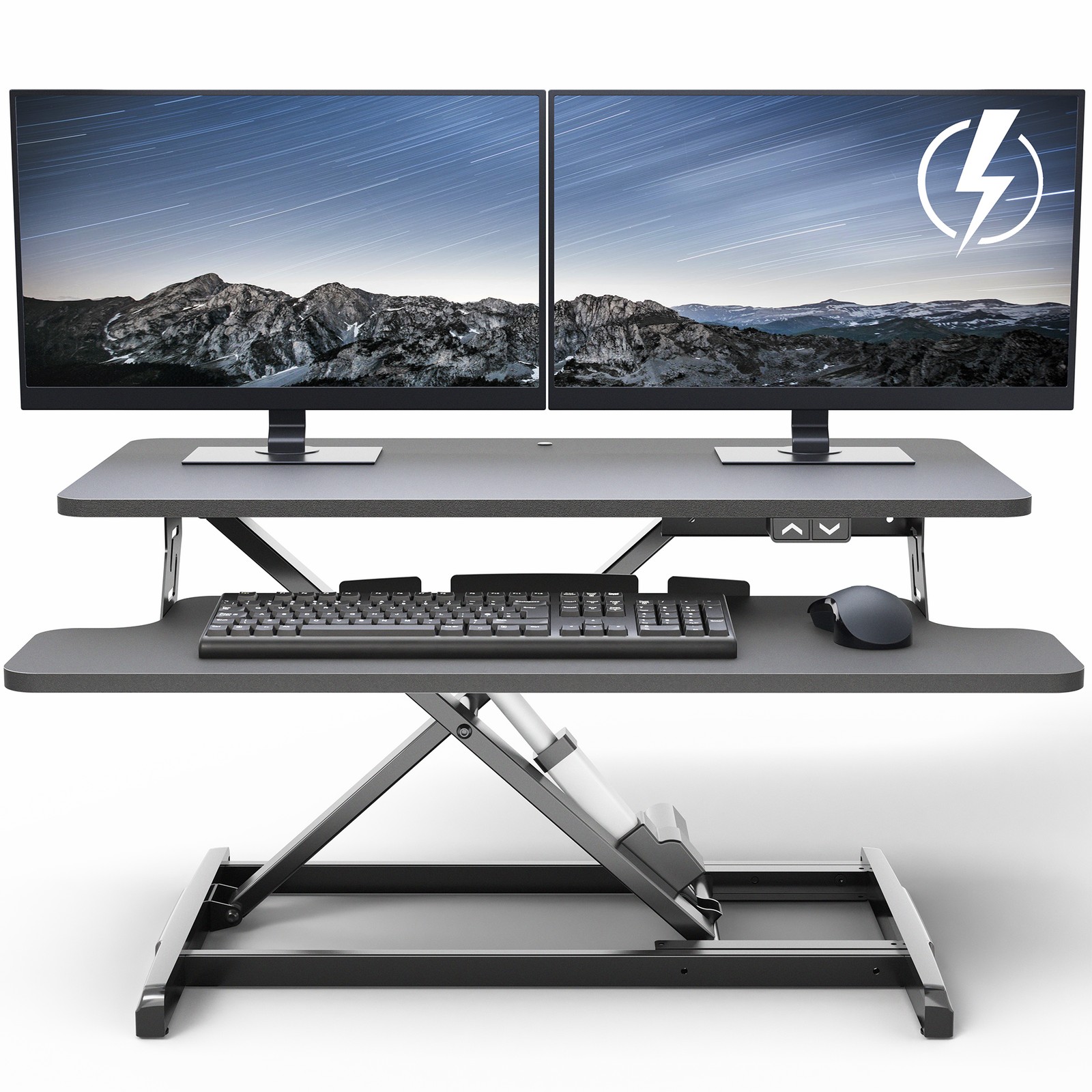 VIVO Black Electric 32″ Standing Desk Monitor Riser, Dual Arm Sit Stand Tabletop