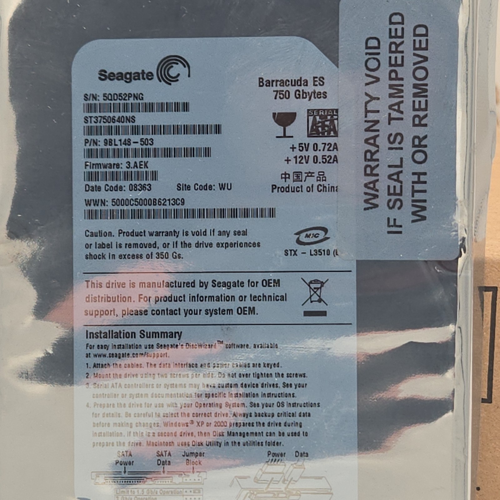 Seagate Barracuda ES 750GB ST3750640NS 3.5″ SATA Internal HDD
