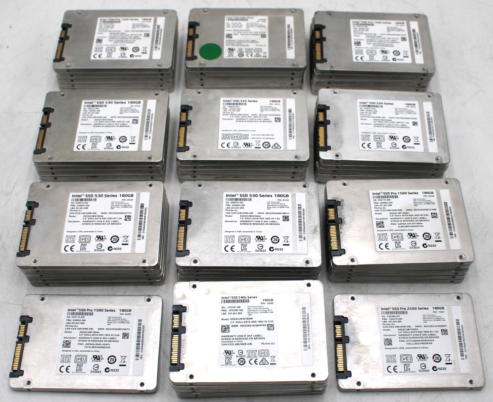 Lot of 52 Intel 180GB 2.5″ SATA SSD Solid State Drive 540s 530 1500 2500 Series