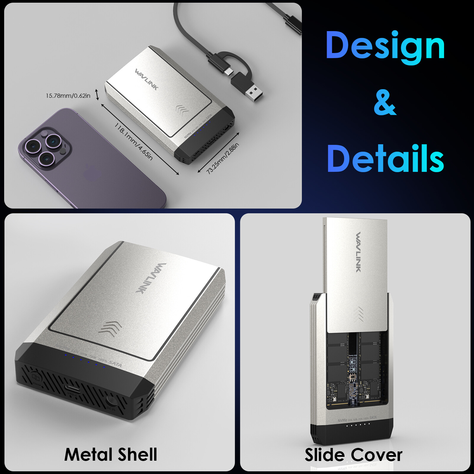 Dual-Bay USB 3.2 M.2 NVME SSD Enclosure 20Gbps for M.2 SSD of M-Key or M+B Key