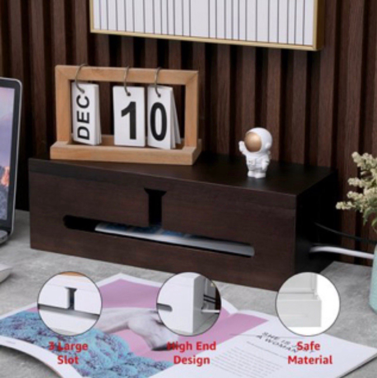 Dark Brown Wood Cable Minimalist Organizer Management Box, Wood Cord Desk Cable