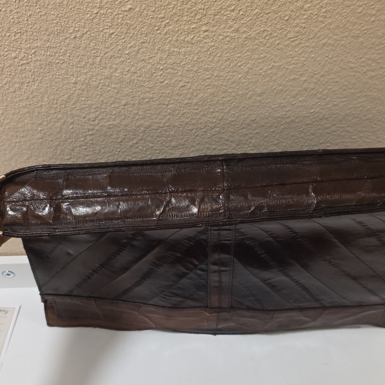 Eel Skin Brown Leather Briefcase Chevron Pattern Portfolio, Zipper Closure
