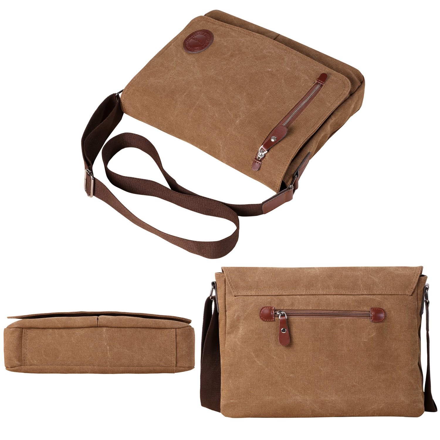 Canvas Messenger Bag for Men & Women, Travel Shoulder Bag, 13.5″ Laptop (Coffee)