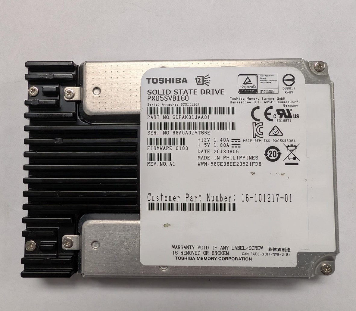 TOSHIBA 1.6TB 12GB SAS SSD DRIVE 2.5″ ENTERPRISE PX05SVB160 SDFAK01JAA01