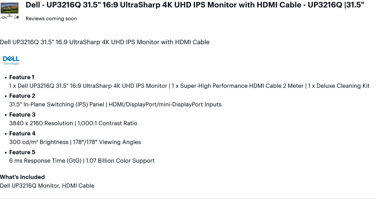 Dell UP3216Q 32″ 4K IPS LED Monitor Ultra HD Widescreen HDMI USB 3.0 16:9 06XF0D