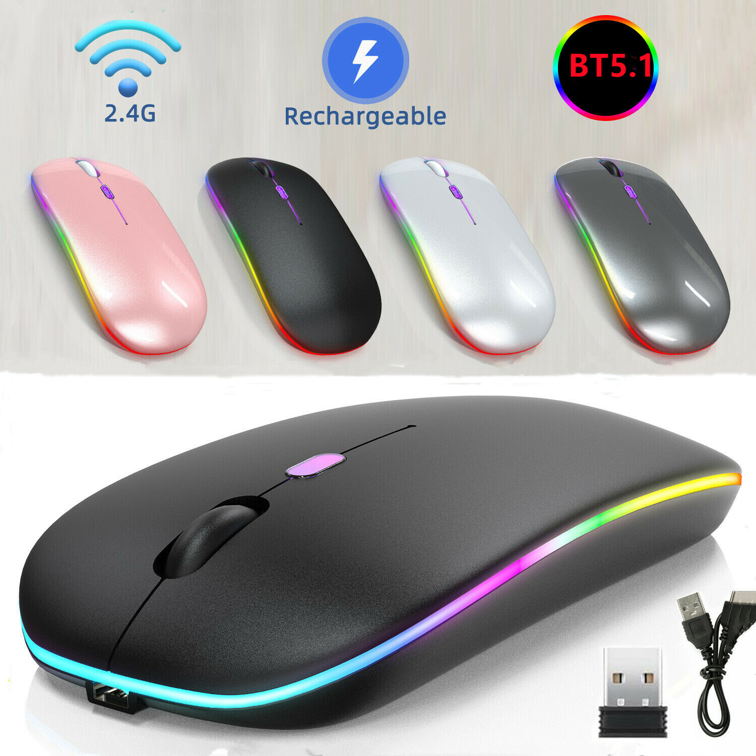 2.4GHz Wireless Optical Mouse USB Rechargeable RGB Cordless Mice For PC Laptop