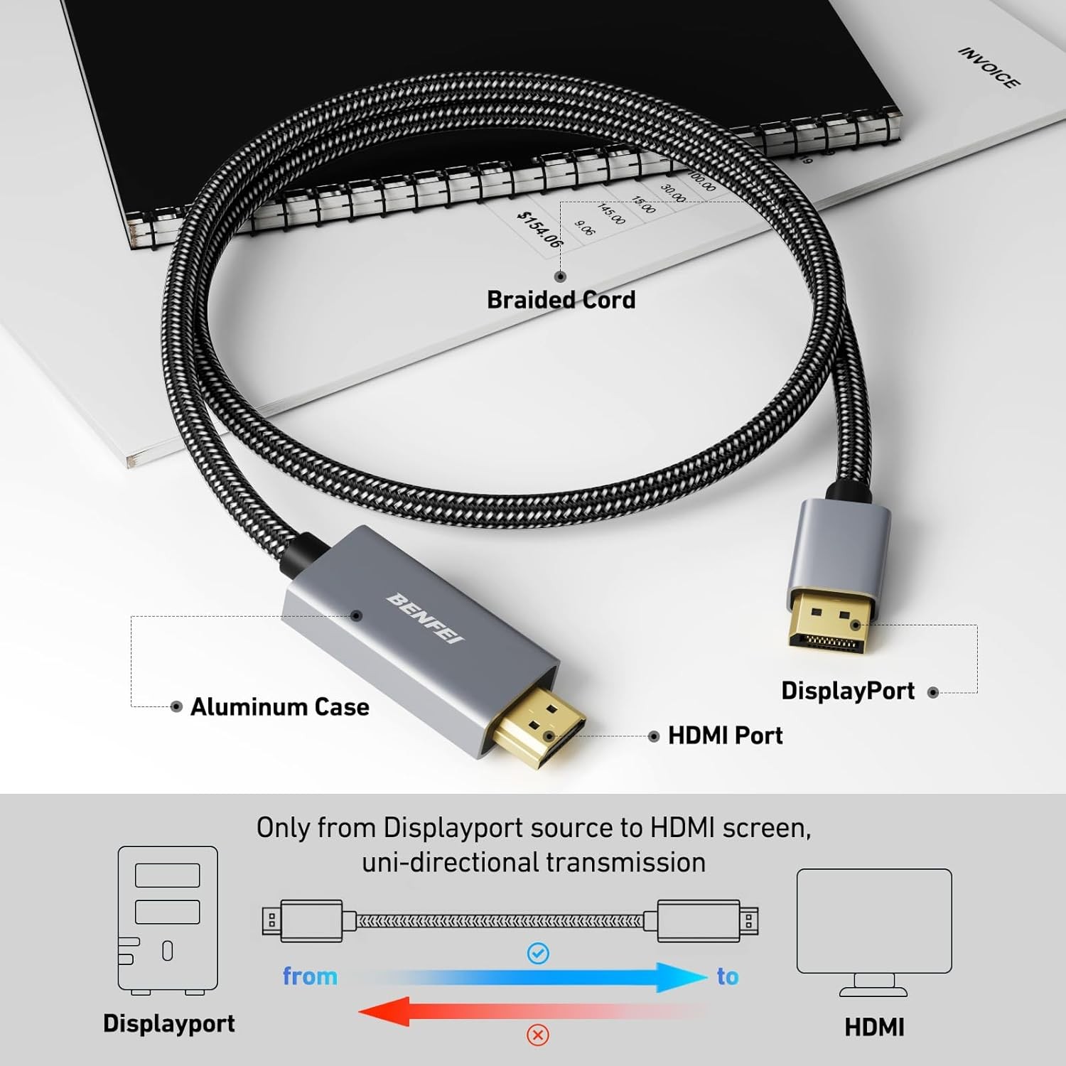 BENFEI 4K DisplayPort to HDMI 6 Feet Cable[Aluminum Shell, Nylon 6 Feet, Grey