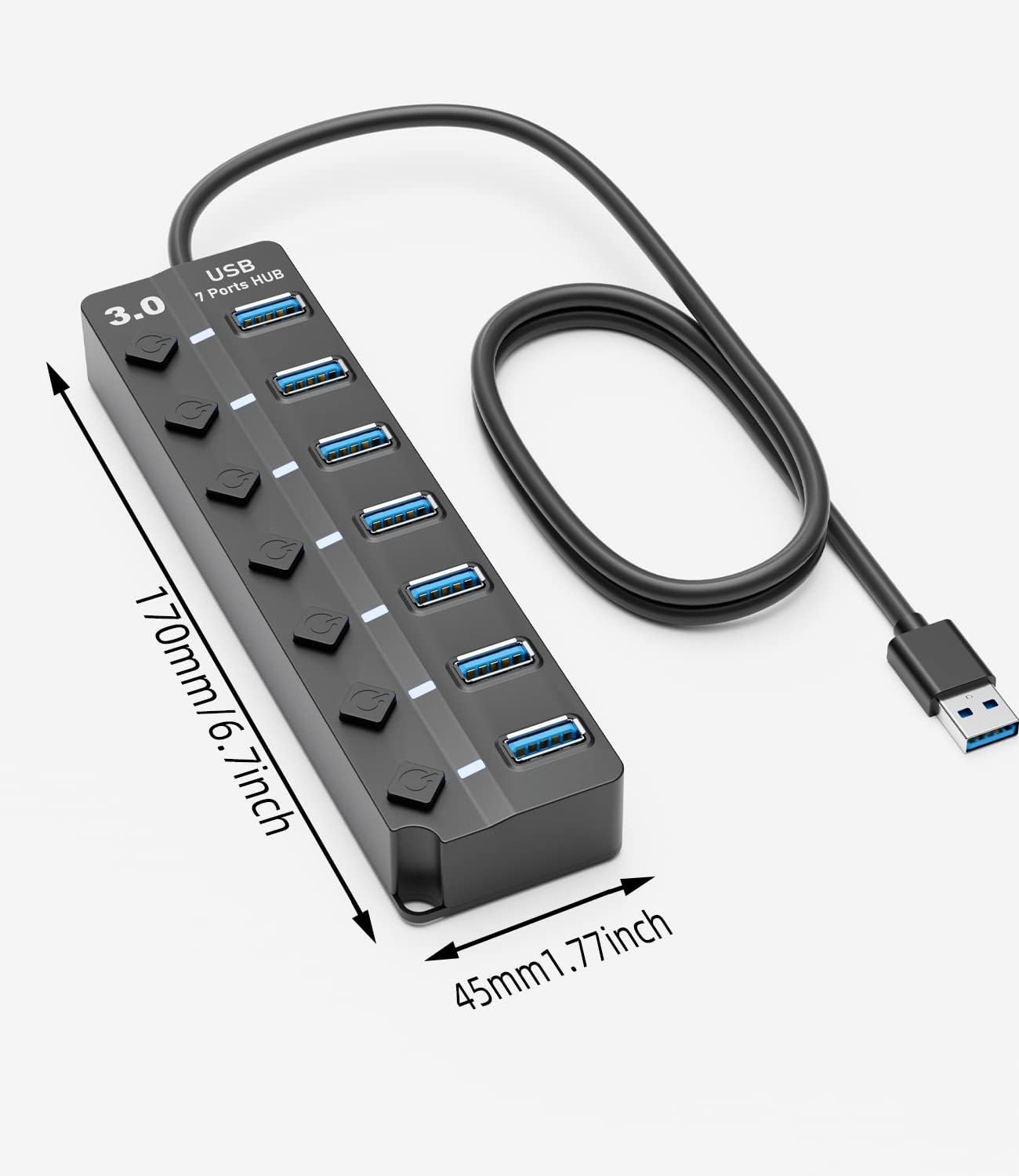 USB 3.0 Hub, PANPEO 7-Port Data Hub Splitter with 3ft Long Cable BLACK