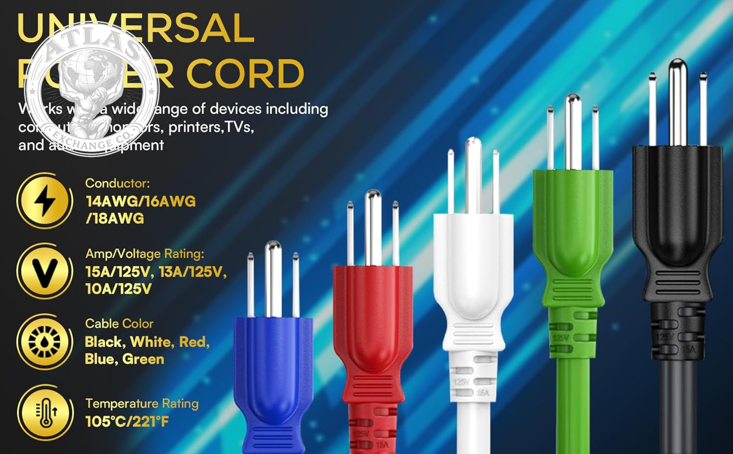 Cable Leader 3Ft 14AWG Computer Power Cord, NEMA 5-15P to IEC C13 AC Power Cable