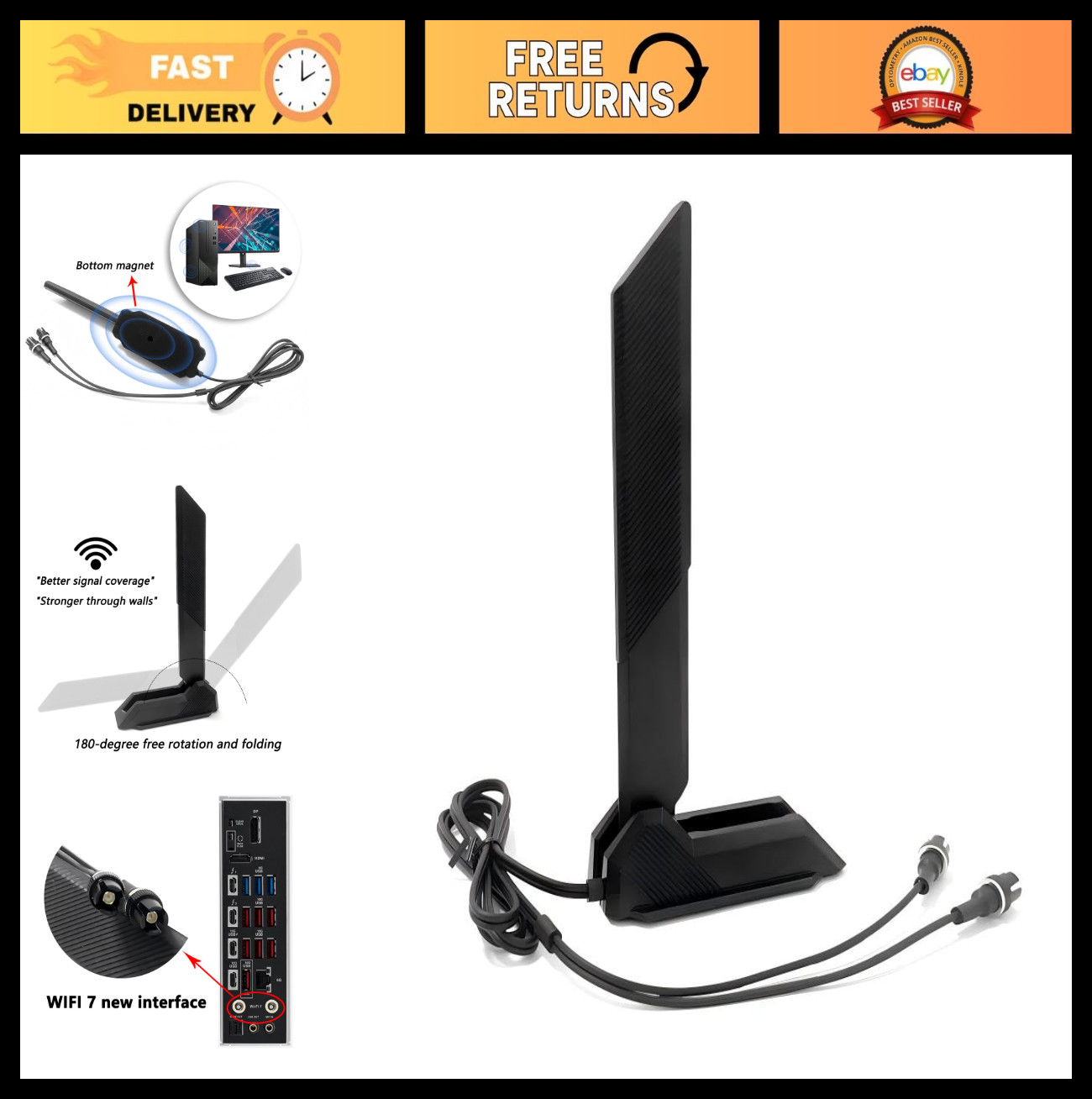WiFi 7 Antenna 2.4/5/6GHz Tri-Band for Gaming Motherboards – High-Speed Connecti
