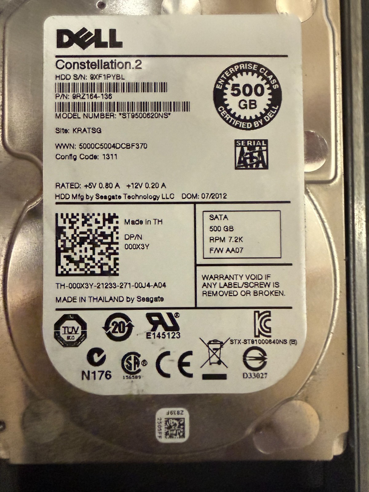 Dell Seagate ST9500620NS 500GB 7.2K SATA III 6Gb/s 2.5″ Hard Drive
