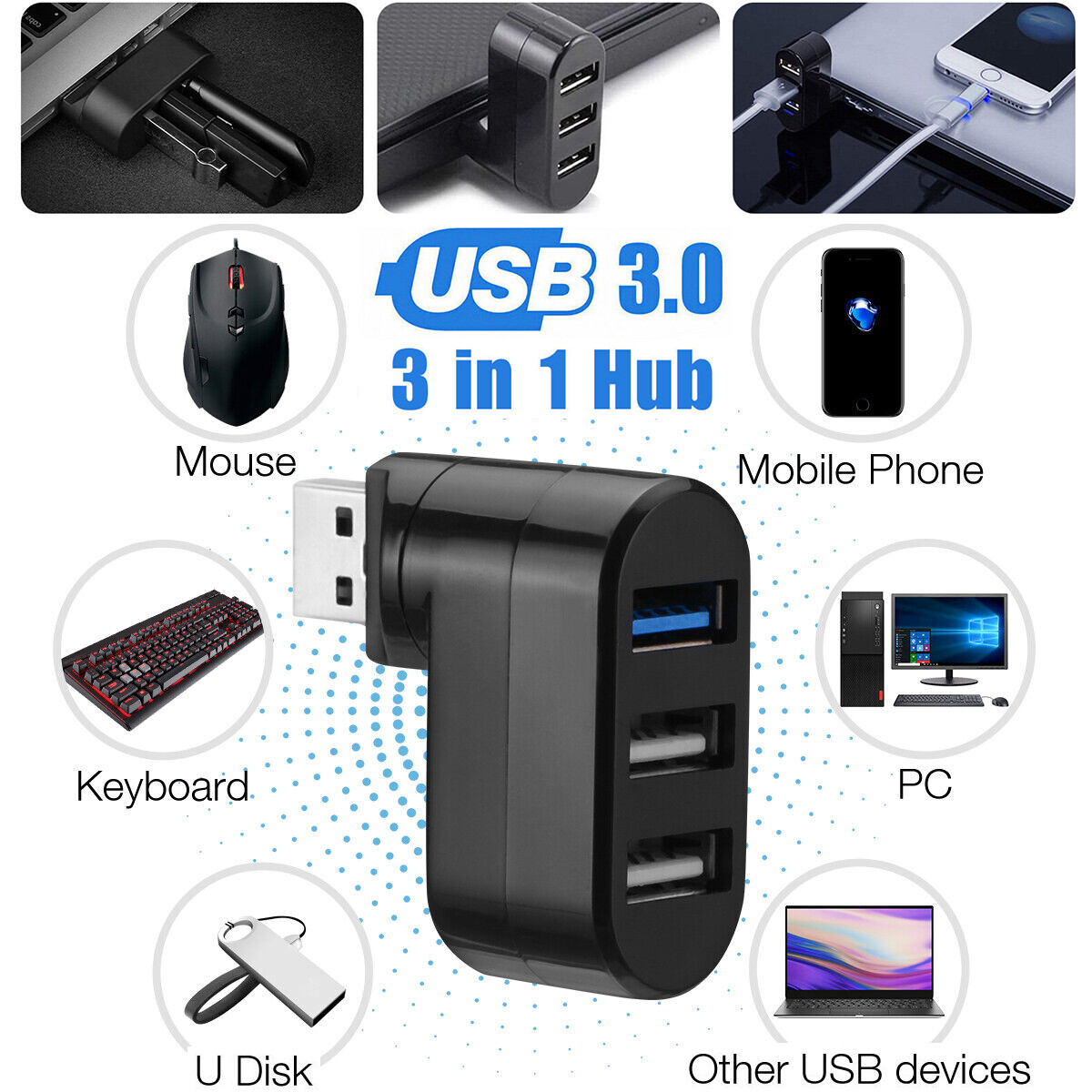 3 Port High Speed USB 3.0 Multi HUB Splitter Expansion Desktop PC Laptop lot
