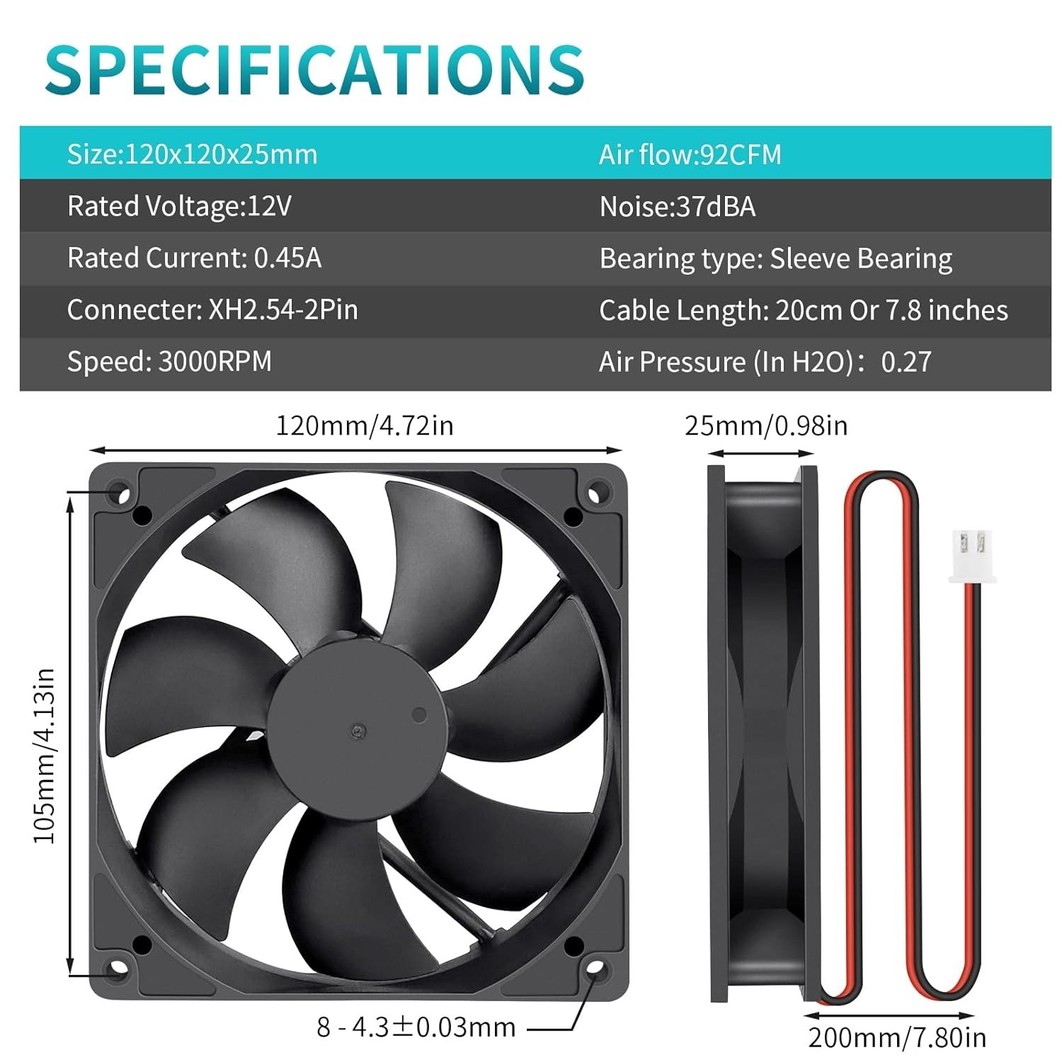 120mm Cooling Fan 12V 0.45A Brushless 3000RPM Silent 35dB PC CPU Case