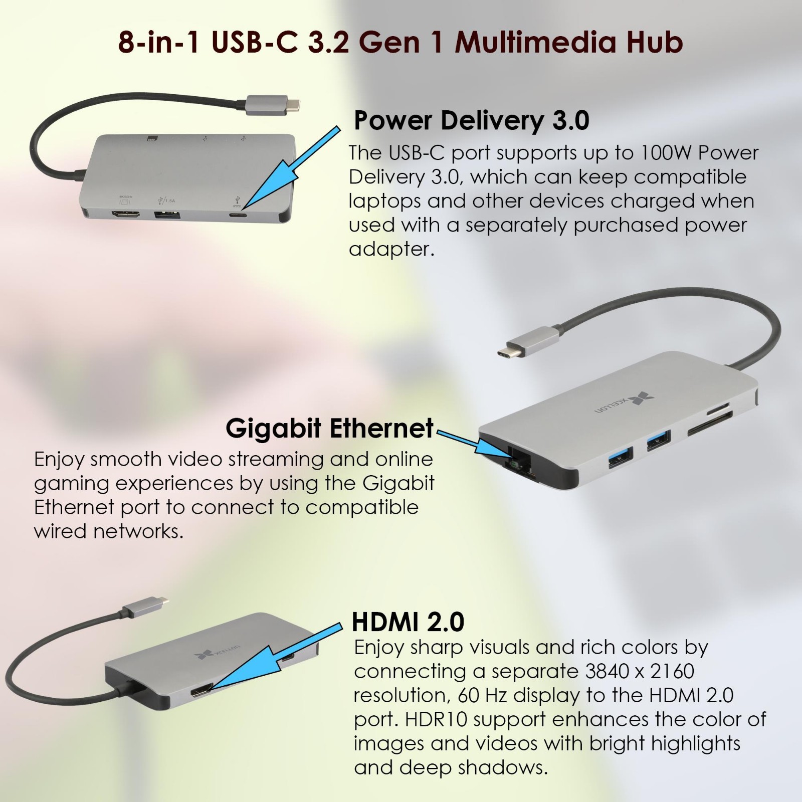 Xcellon 8-in-1 USB-C Hub HDMI 2.0 Gigabit Ethernet 3.2 Gen 1 Multimedia Hub