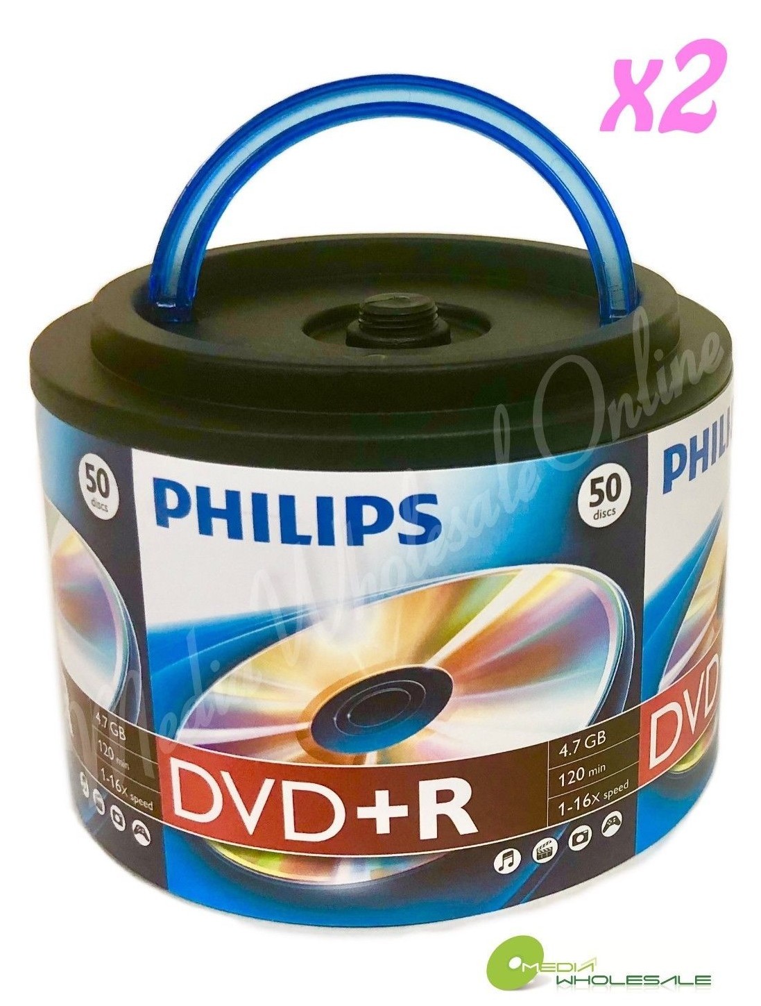 50 PHILIPS Blank 16X DVD+R Plus R Logo Branded 4.7GB Disc Spindle with Handle