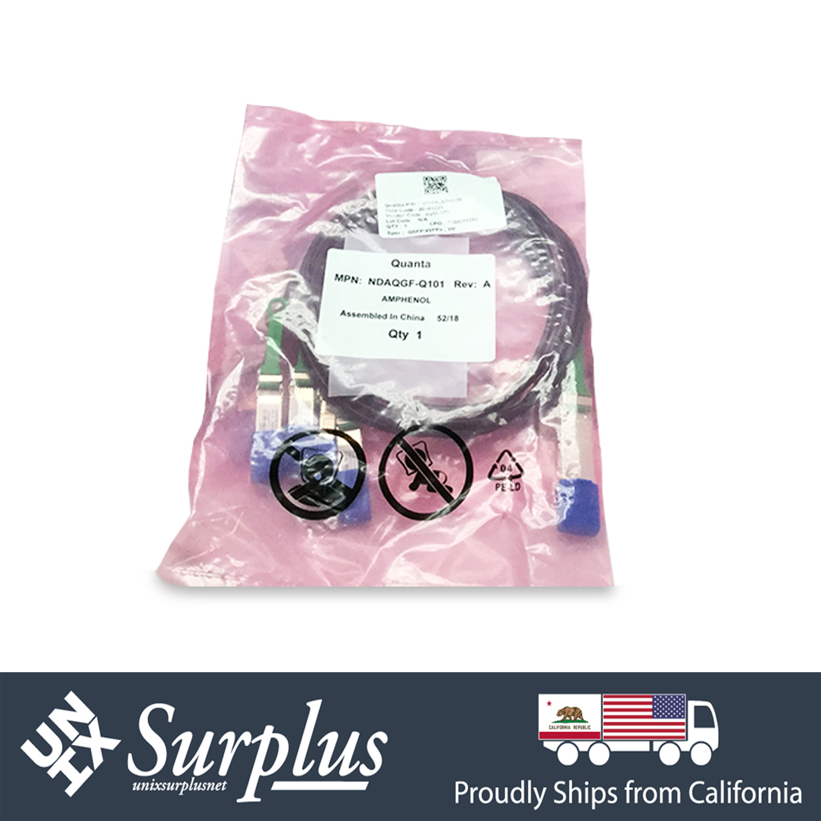 New Amphenol DAC 100GbE QSFP28 to 4x 25GbE SFP28 1 Meter Breakout Cable