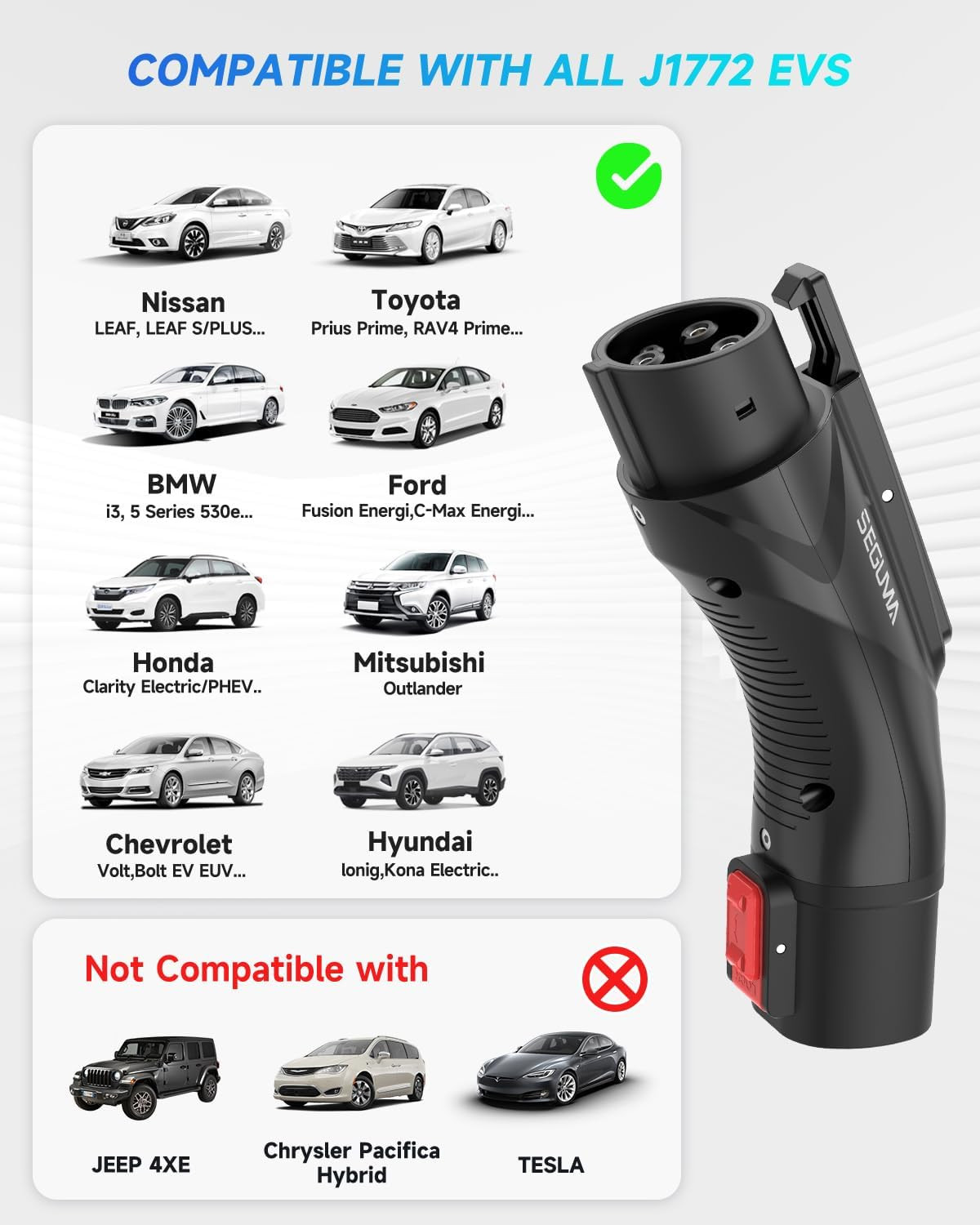 EV Charging Adapter for Tesla to J1772, up to 60Amp with Safety Lock, IP65, Port