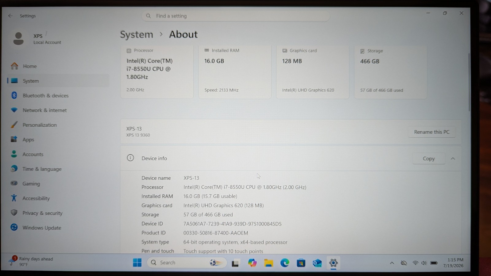 Dell XPS 13 9360 4K HDR Touch Intel Core i7-8550U 16GB RAM 512GB SSD Win 11 Pro