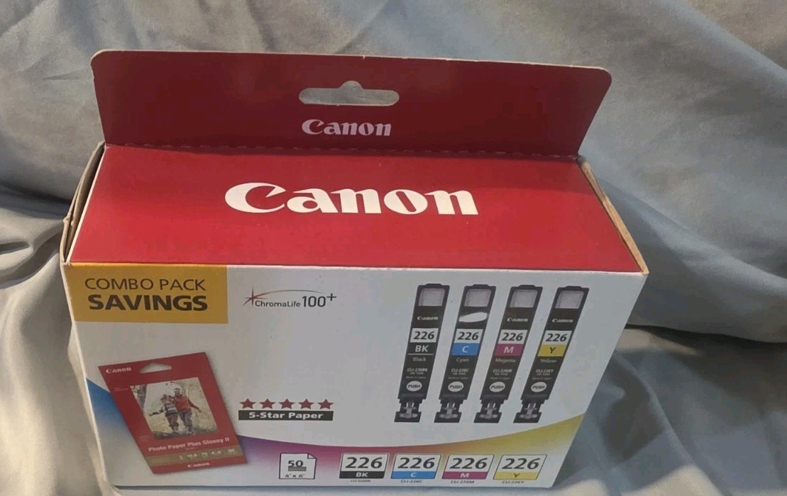 Canon 226 B/C/M Standard Yield Ink Cartridges 4 Pack W/Photo Paper New Sealed