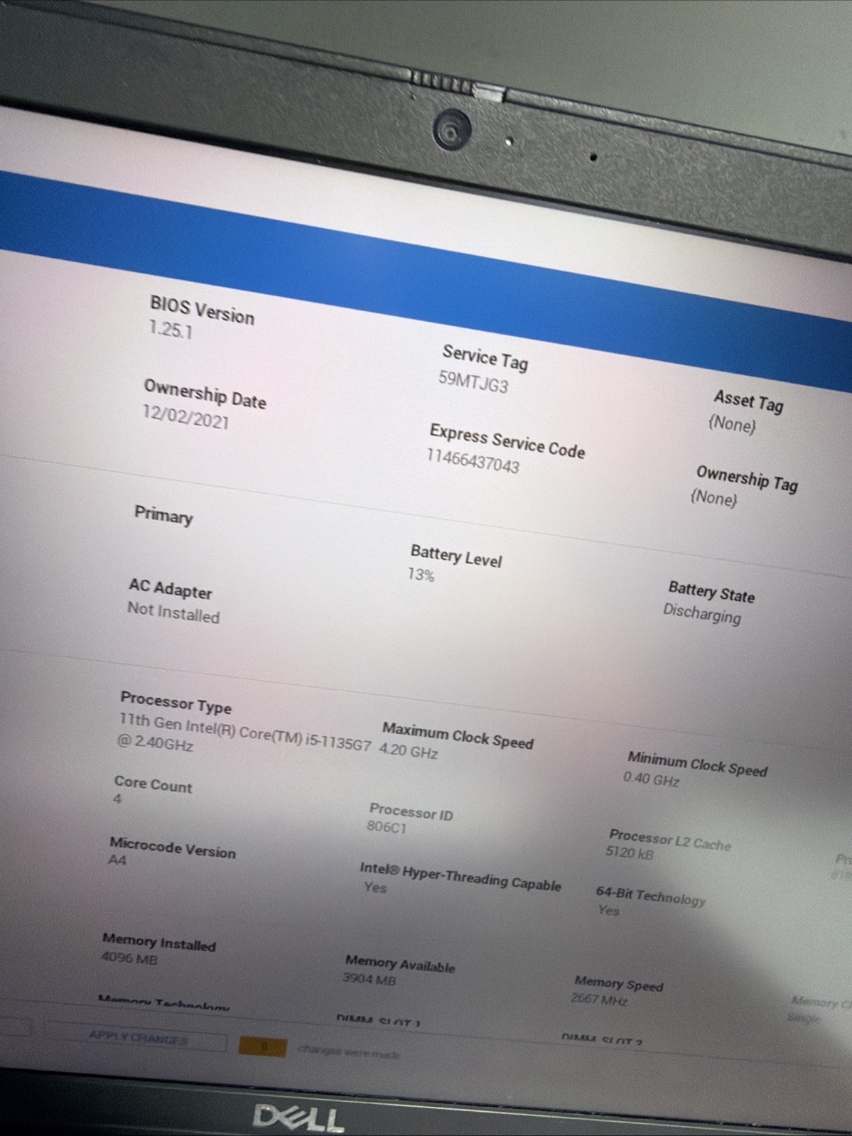 Dell Latitude 3520 15″ Laptop i5-1135G7 4gb Ram No Drives Boots Bios No P/S
