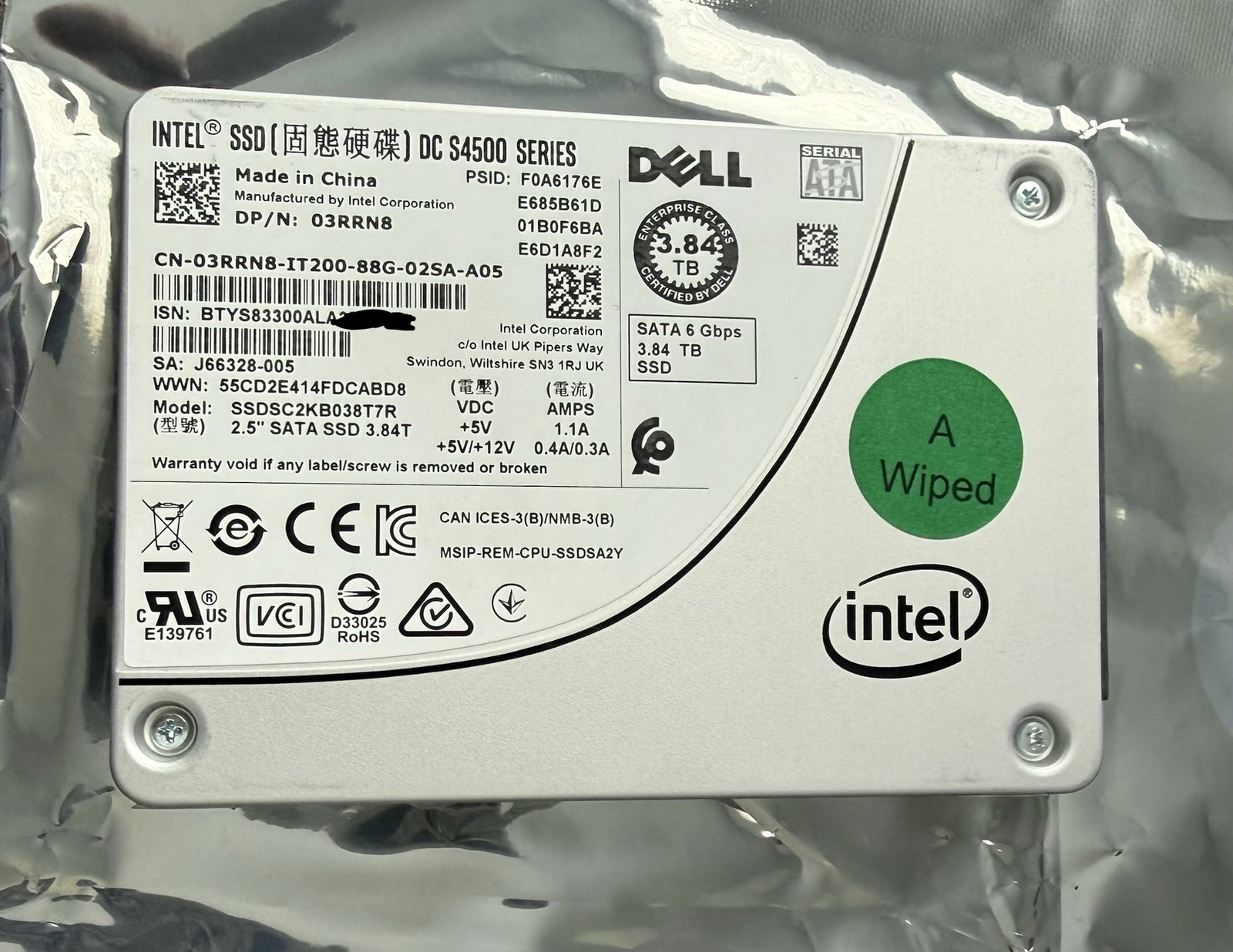 DELL DC S4500 3.84TB 6Gb/s SATA 2.5” ENTERPRISE SSD 03RRN8 SSDSC2KB038T7R
