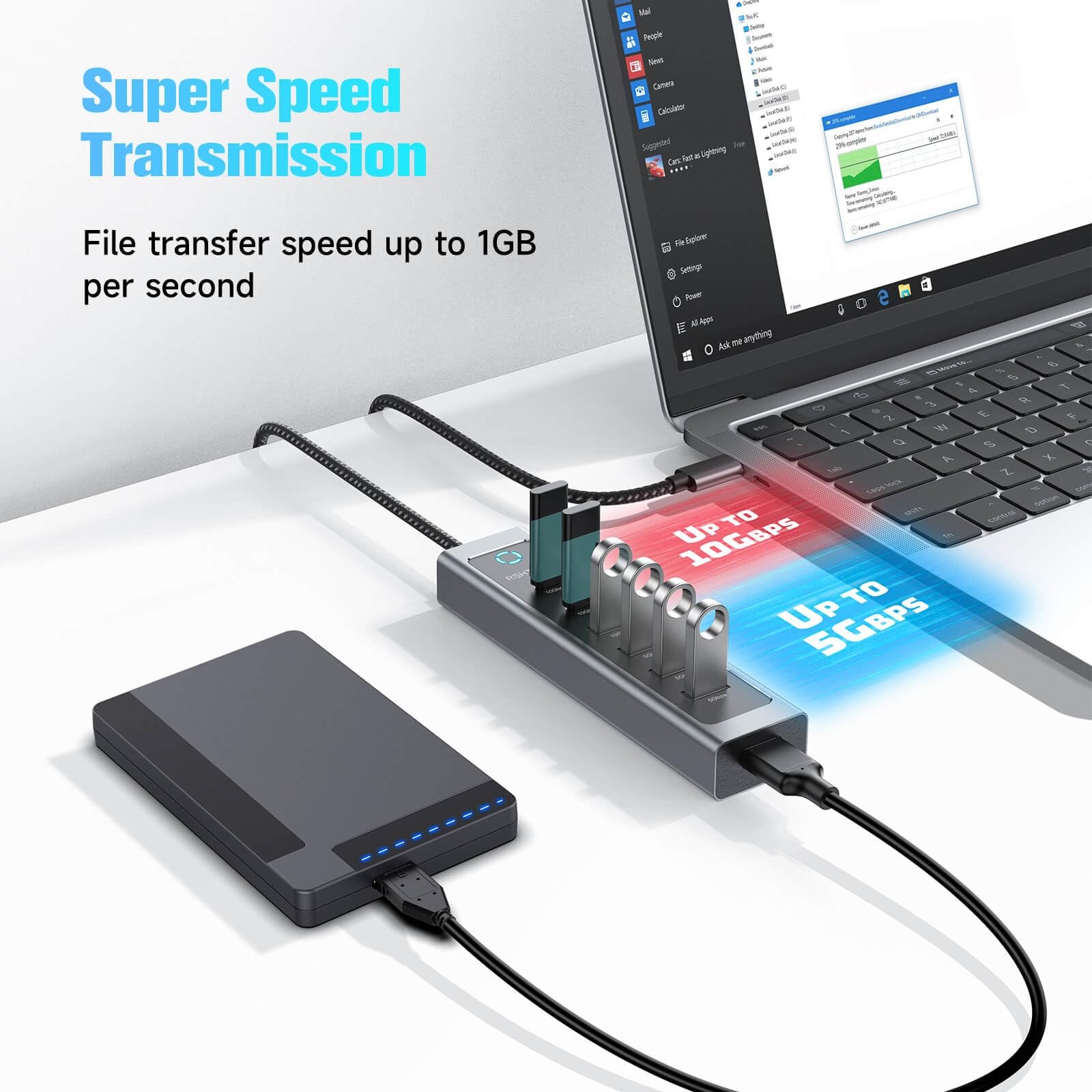 7-Port USB Hub Splitter 10Gbps with 3 USB-3.2 (2C + 1A), 4 USB-3.0 Ports and …