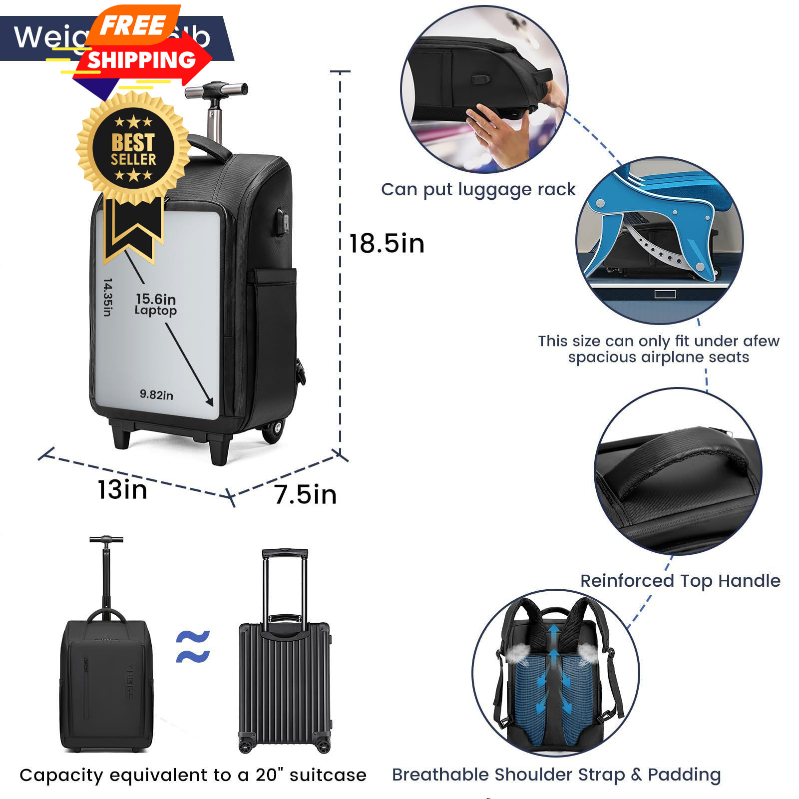 GOTECH Rolling Backpack with Wheels, Waterproof Wheeled 18x3x14 inches, Black