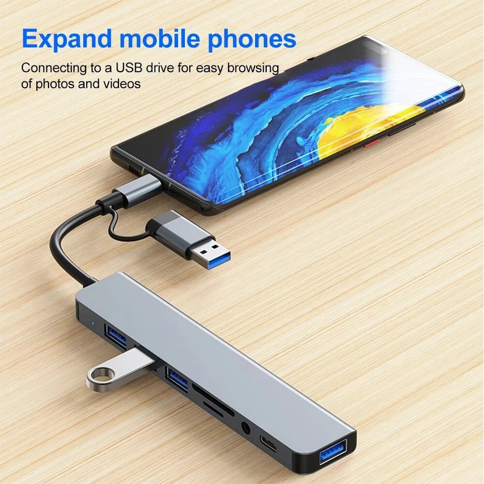 8-in-1 USB-C Hub Type-C Dock Multi-Function Adapter Phone PC Mac HDMI USB 3.0