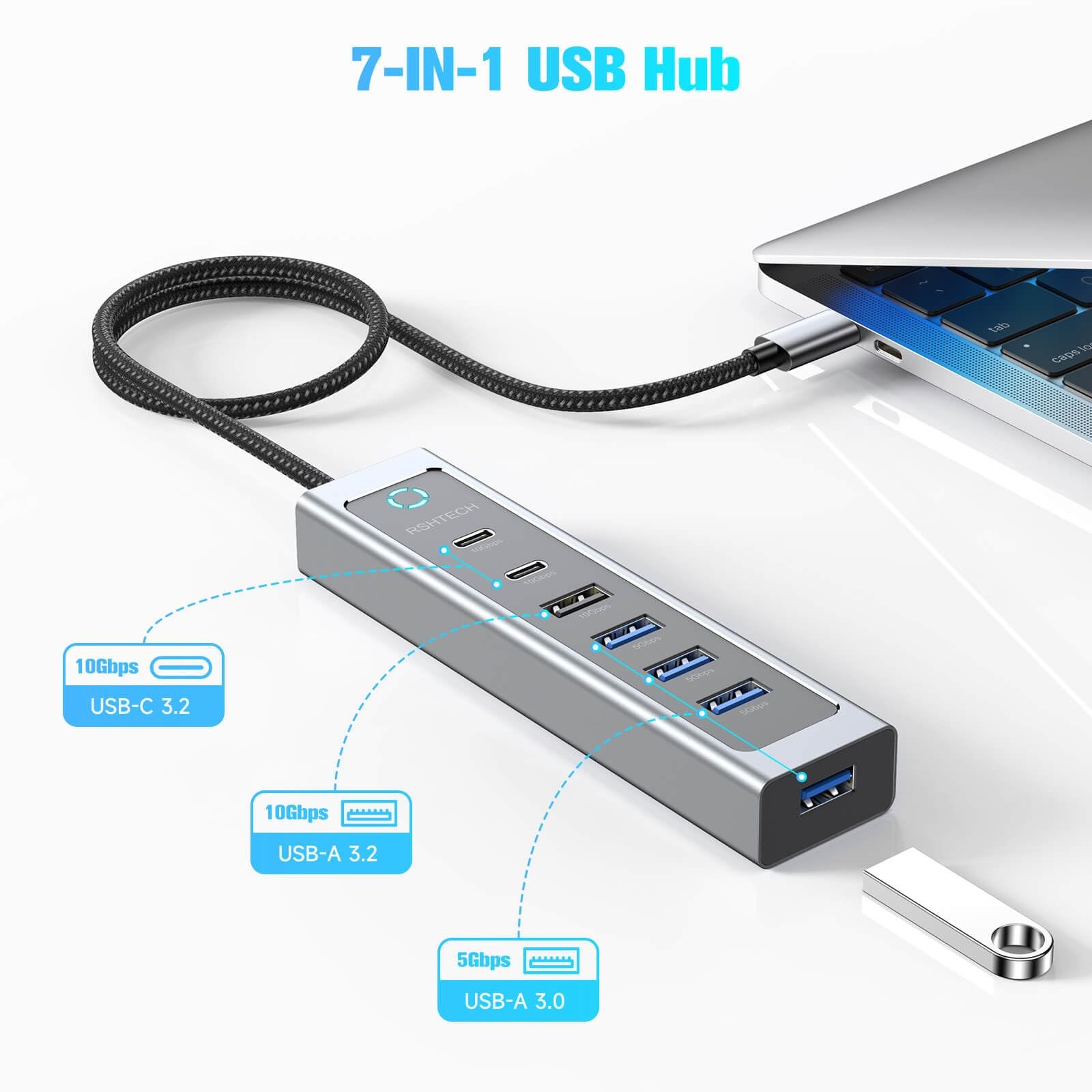 7-Port USB Hub Splitter 10Gbps with 3 USB-3.2 (2C + 1A), 4 USB-3.0 Ports and …