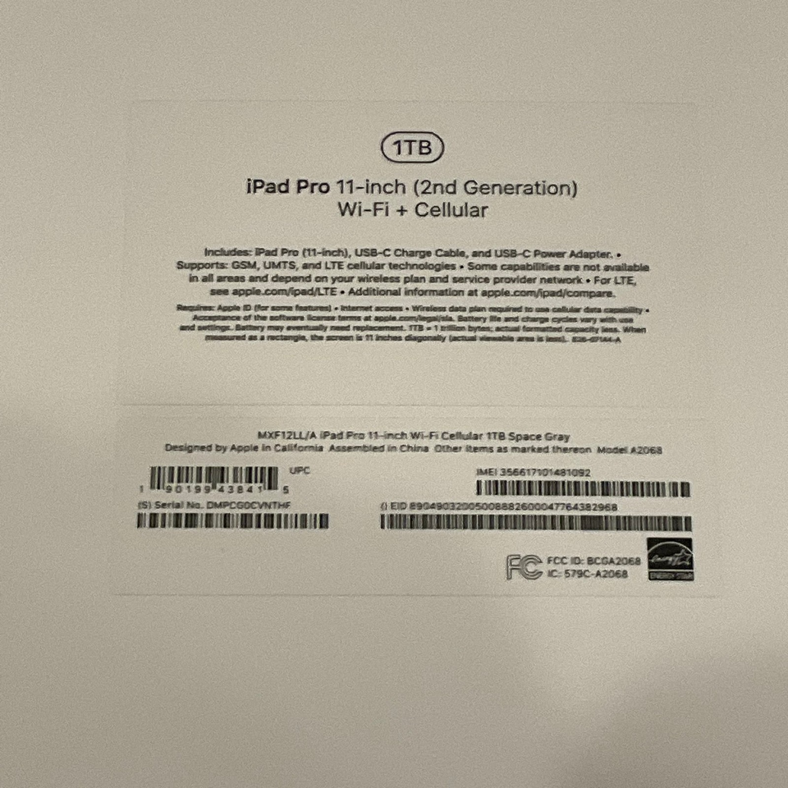 Apple iPad Pro 11-inch (2nd GEN) Wi-Fi Cellular 1TB Space Gray Box – BOX ONLY