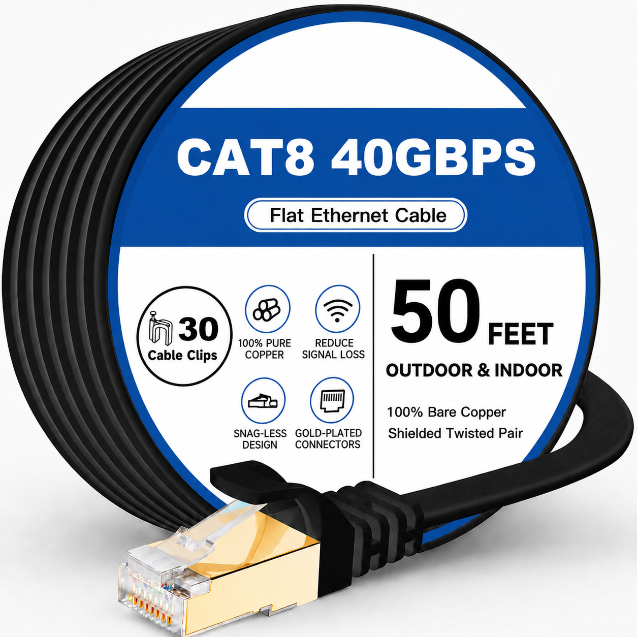 Cat 8 Ethernet Cable 50-200FT Flat 40Gbps Shielded RJ45 Gold Plated Gaming LAN