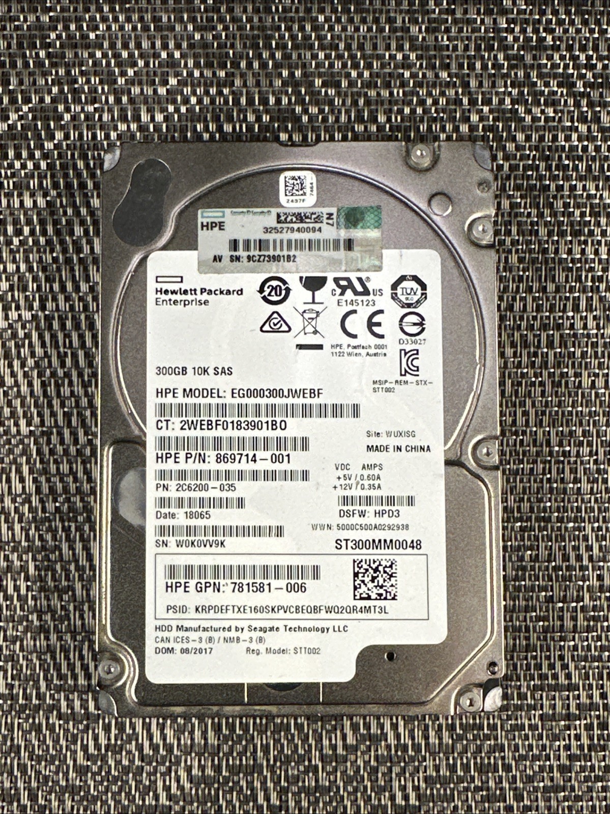 HPE 300GB 10K SAS 12G 2.5 Server HDD EG000300JWEBF 869714-001 ST300MM0048 Seagat