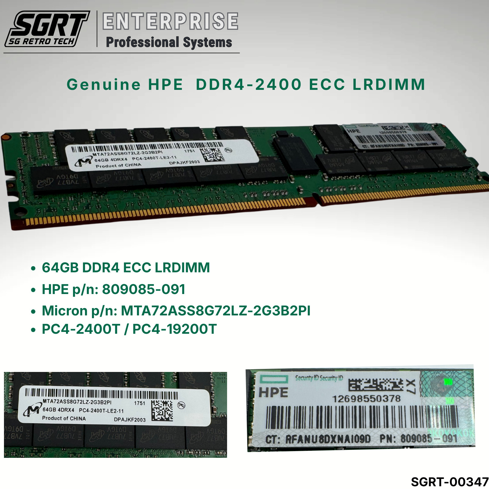 Genuine HPE / Micron 809085-091 64GB DDR4-2400 ECC LRDIMM 805358-B21 Server RAM