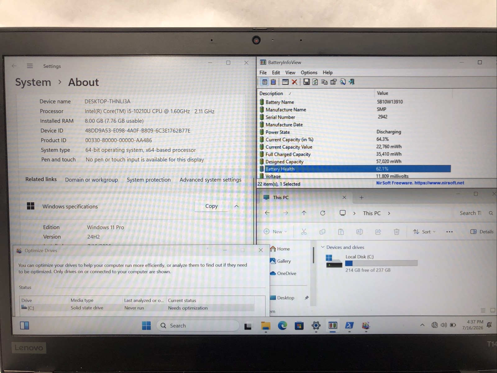 Lenovo Thinkpad T14s, Intel Core i5-10210U @1.60GHz, 8GB RAM, 256GB SSD Win11