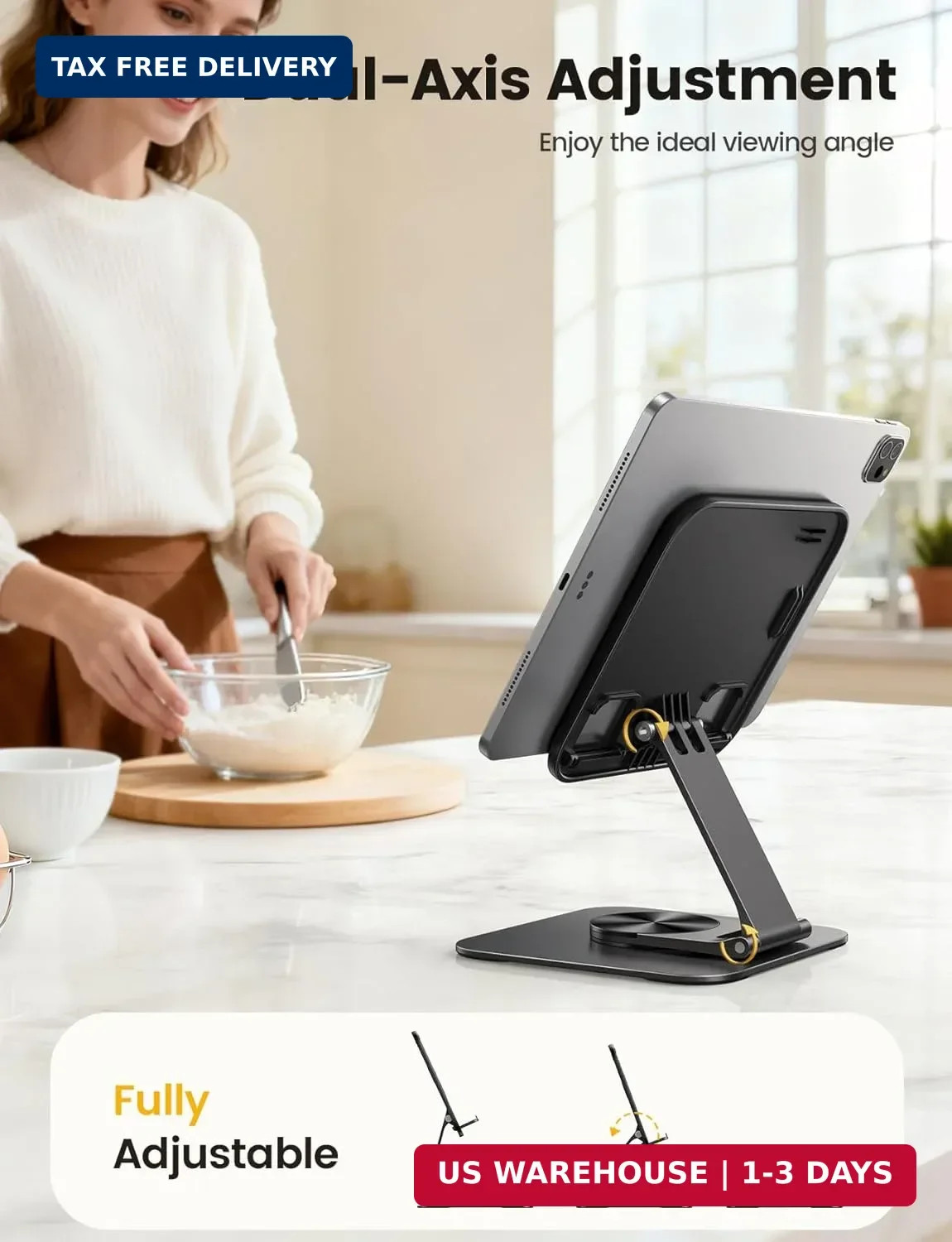 Lamicall Adjustable iPad Stand for Desk – [Ultra-Slim Foldable][360°Rotation Bas