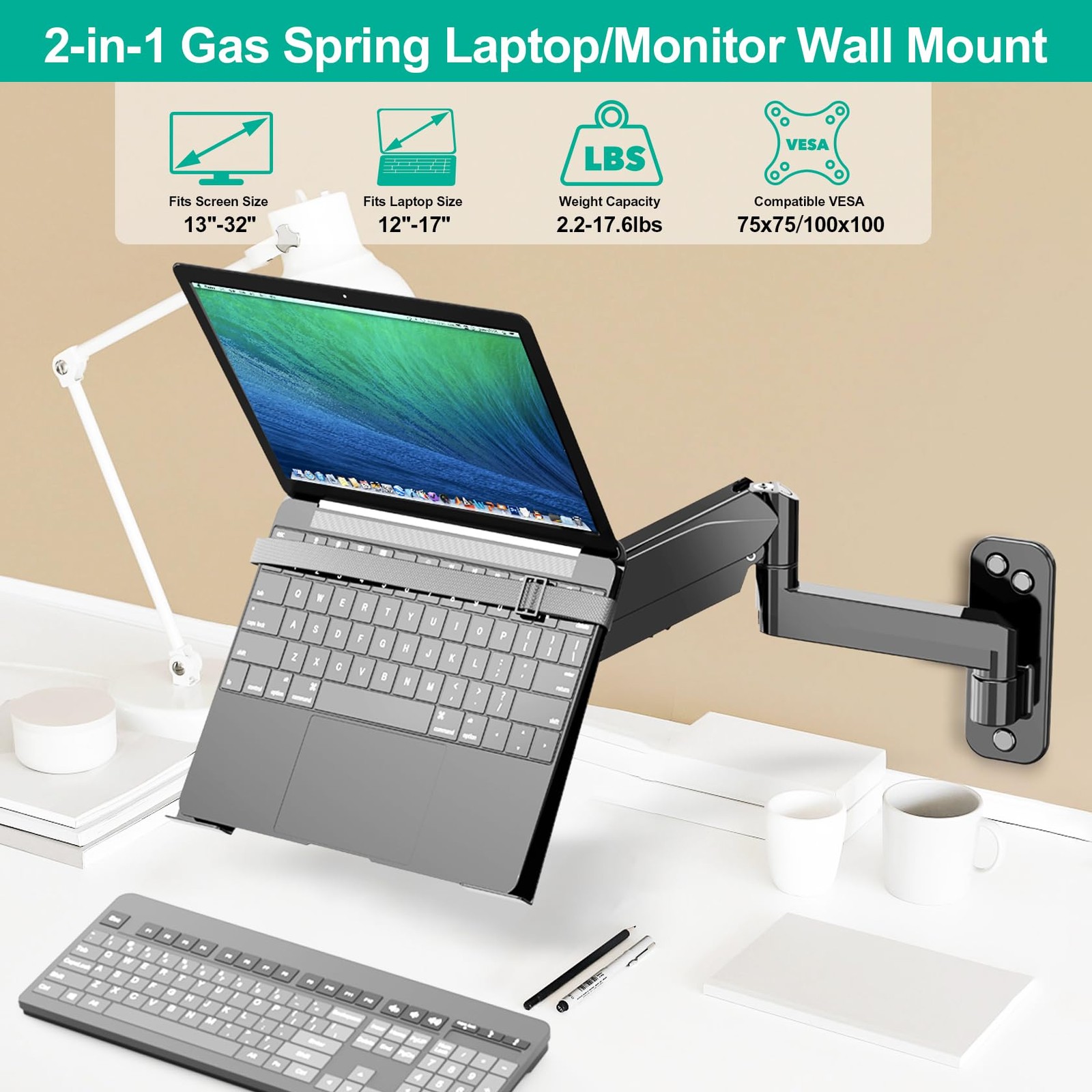 Laptop Wall Mount, 2-in-1 Gas Spring Wall Holder with Vented Tray for 12″-17″…