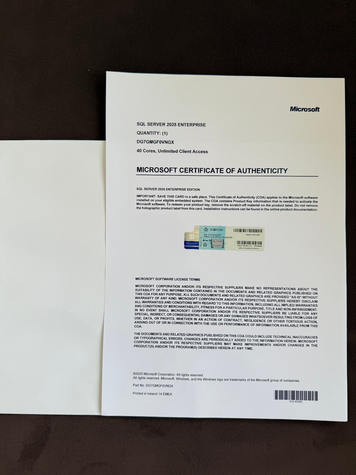 Microsoft SQL Server 2025 ENTERPRISE 40 Core Unlimited User CALs CoA Authentic