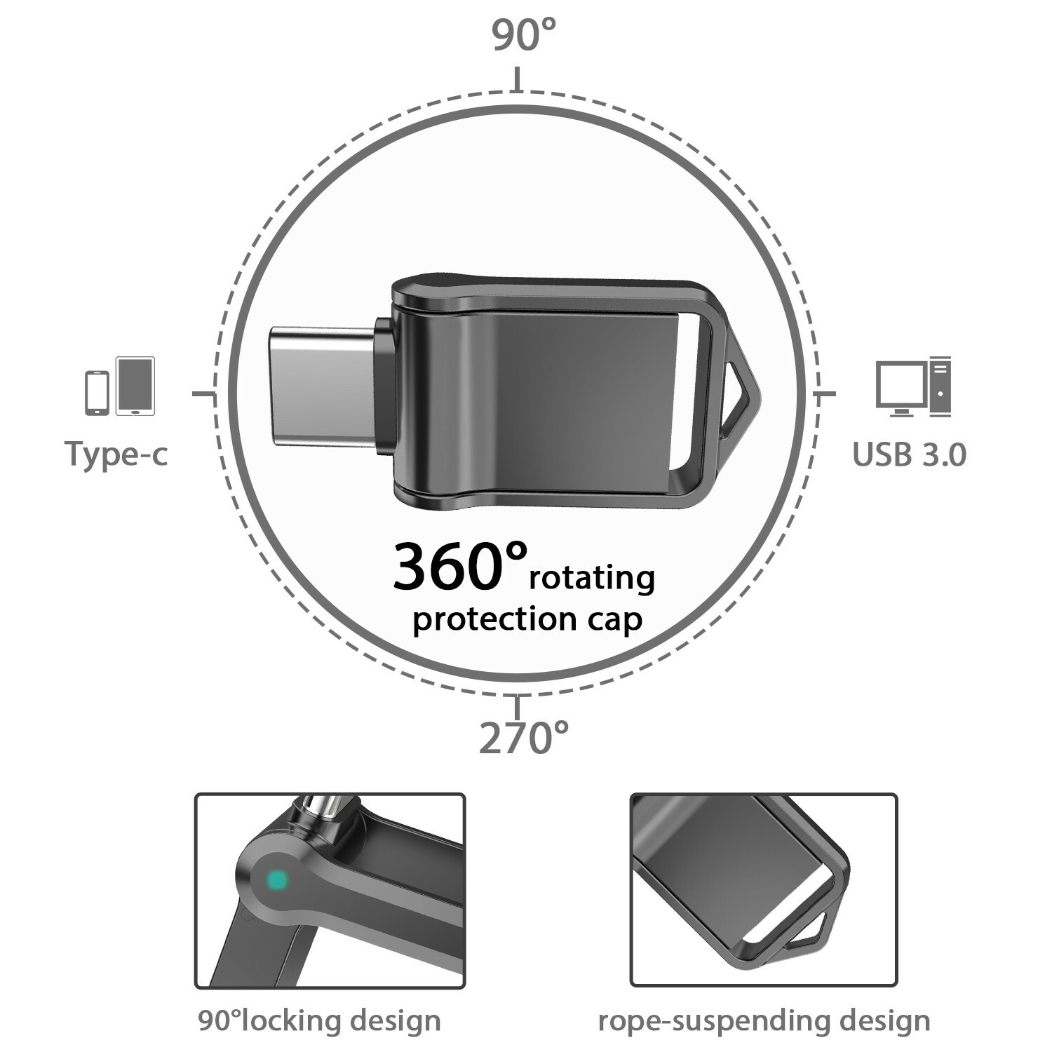 64GB Waterproof Dual Type-C OTG 3.0 USB C Port Flash Drive Mini Memory Stick Lot