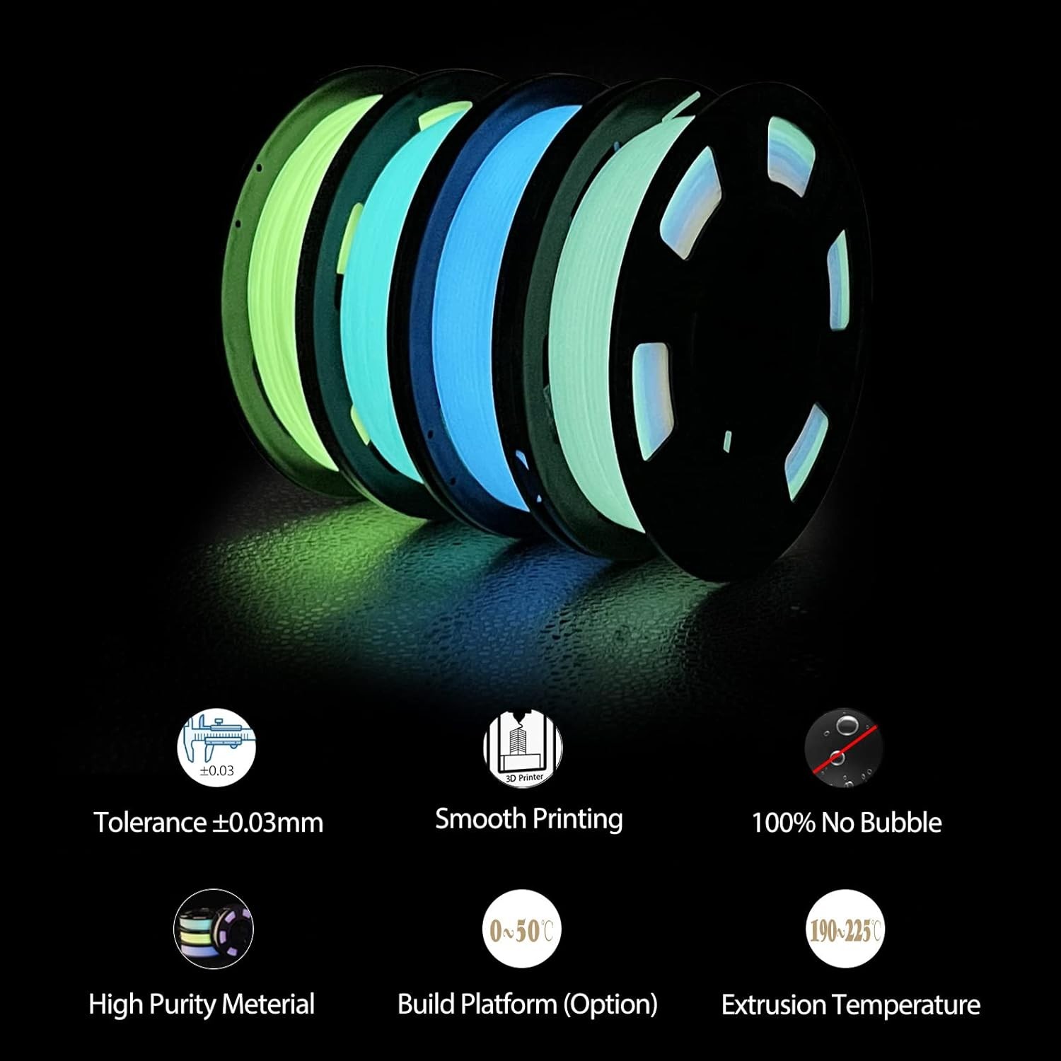 3D Printer Filament Bundle Glow in The Dark Multicolor PLA 1.75mm 4 Pack