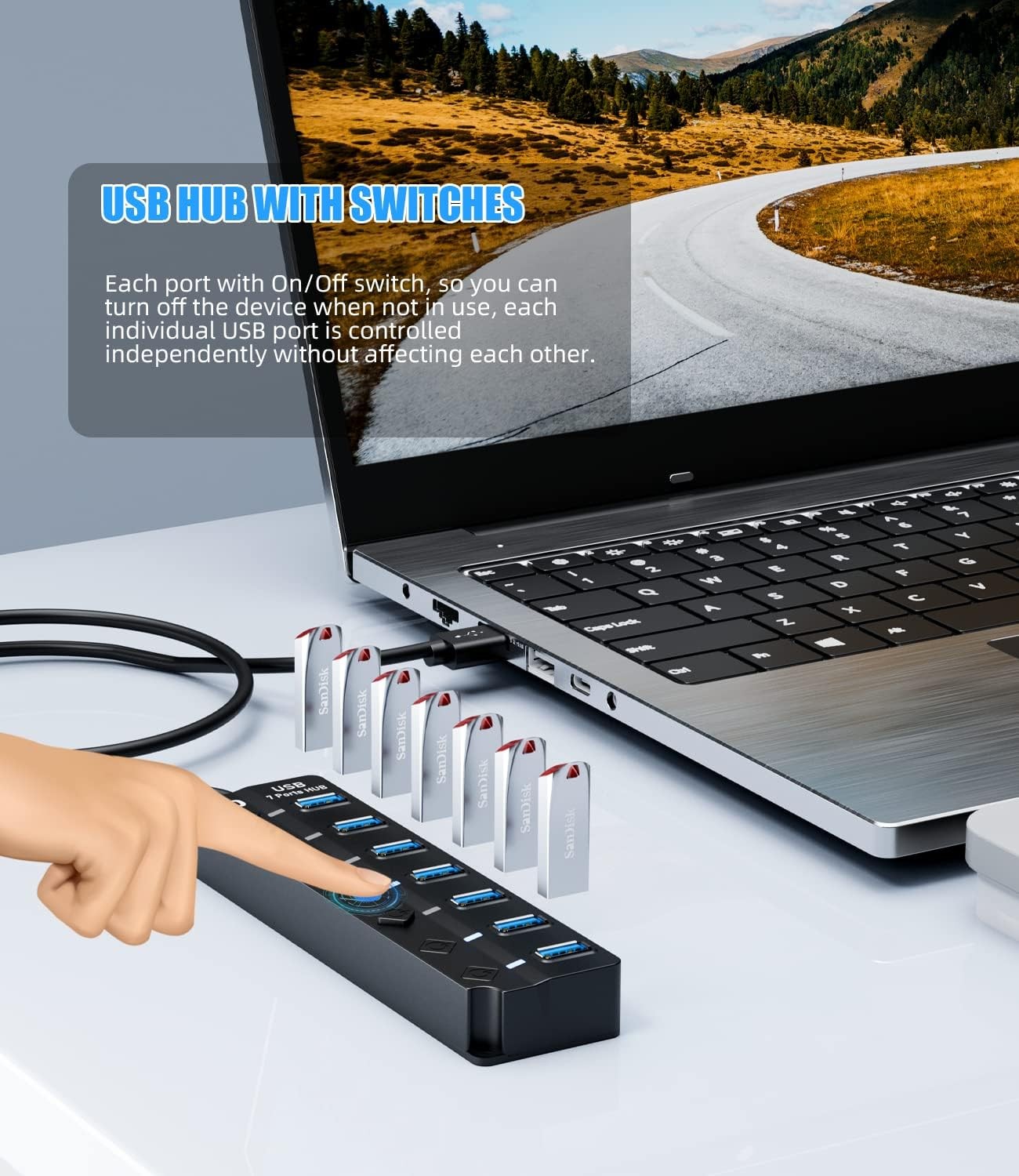 USB 3.0 Hub, PANPEO 7-Port Data Hub Splitter with 3ft Long Cable BLACK