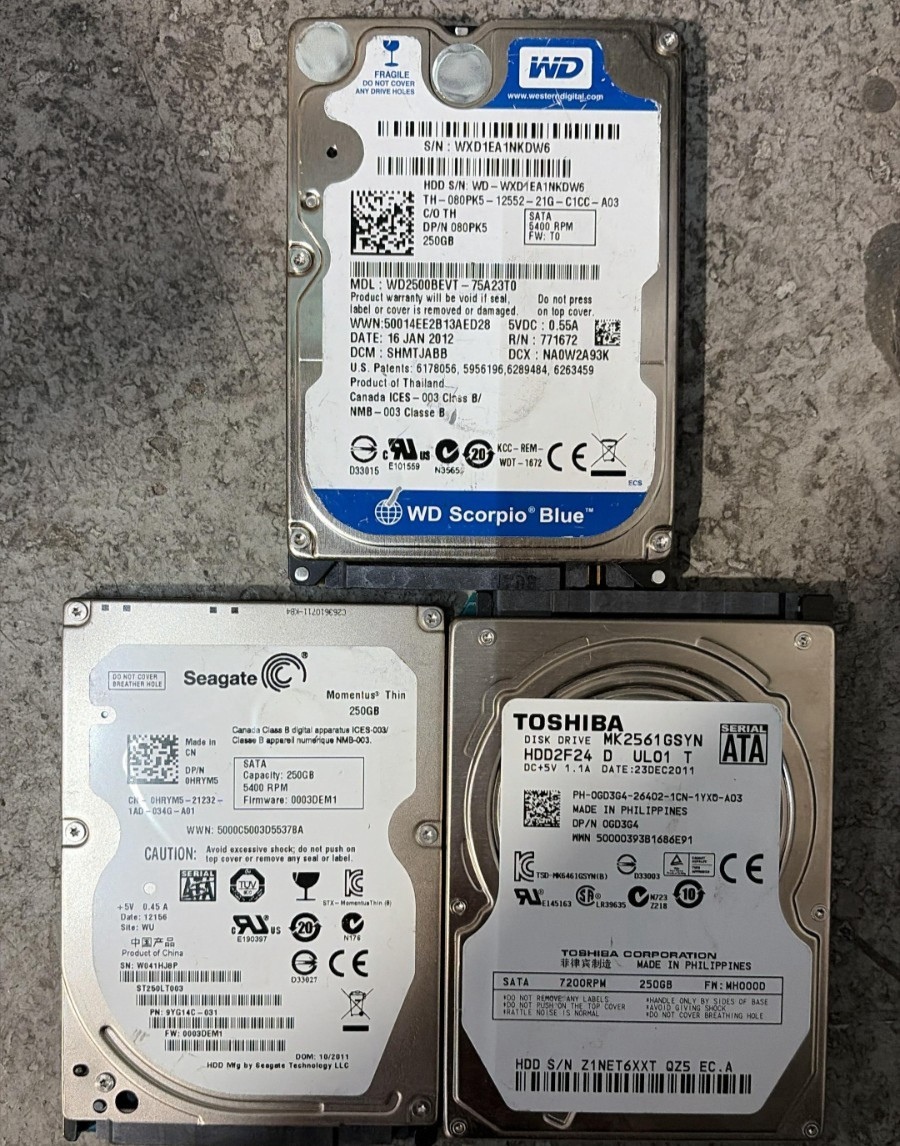 3 PACK!! Hard Disk 250 GB HDD 2.5 SamsungWD Toshiba Hitachi Seagate, for Laptop