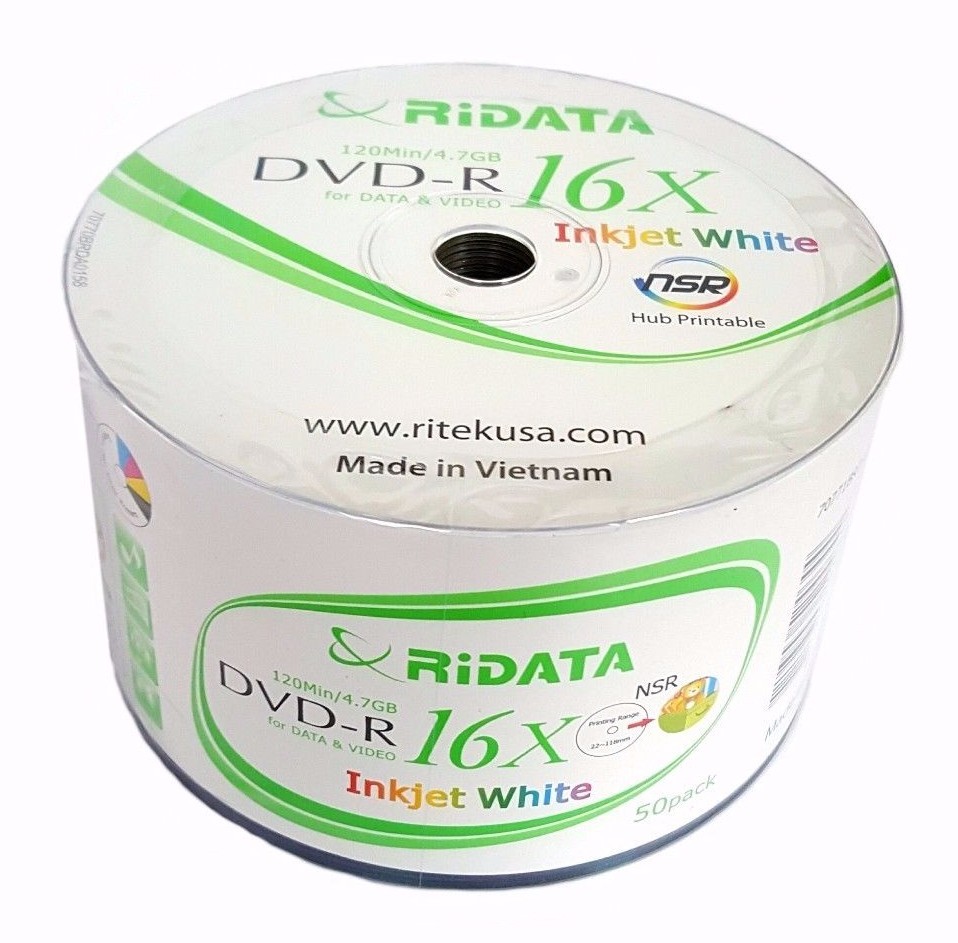 500 RIDATA 16X Blank DVD-R DVDR White Inkjet Printable 4.7GB Recordable Disc
