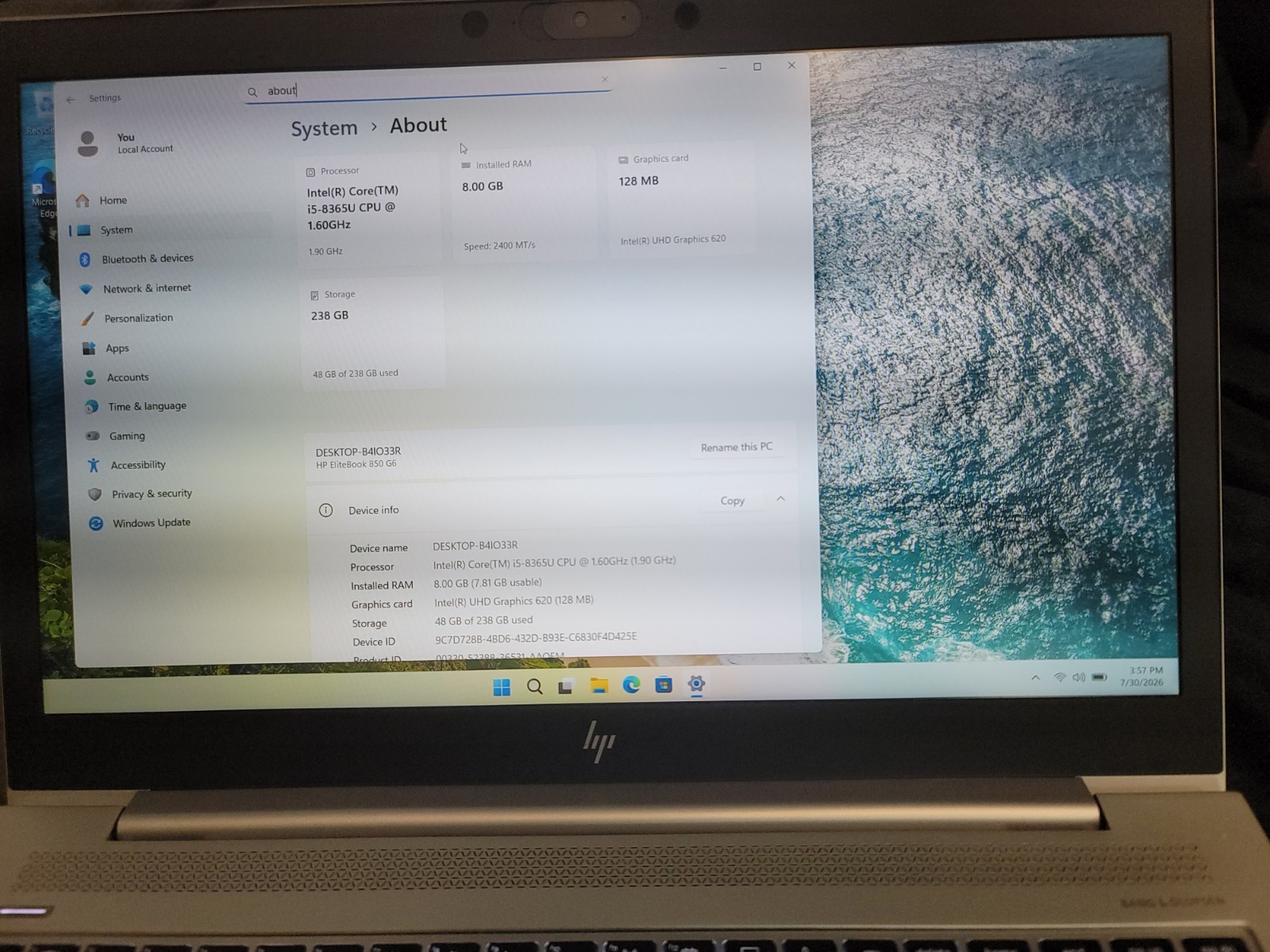 HP EliteBook 850 G6 15.6″ Windows 11 (i5-8365U@1.60GHz / 256GB / 8GB RAM)