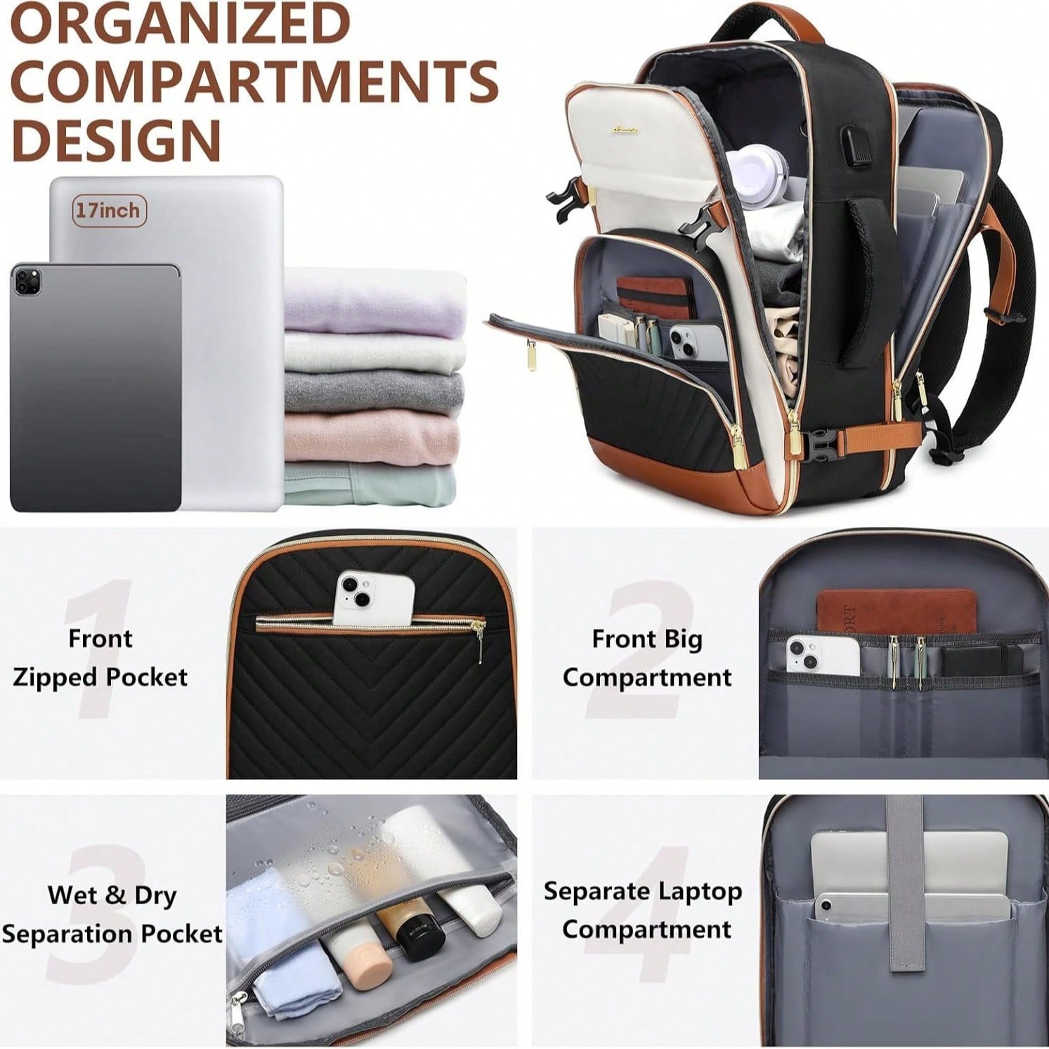 40L Waterproof Travel Backpack TSA Approved For 17in Laptop With USB Port Packin