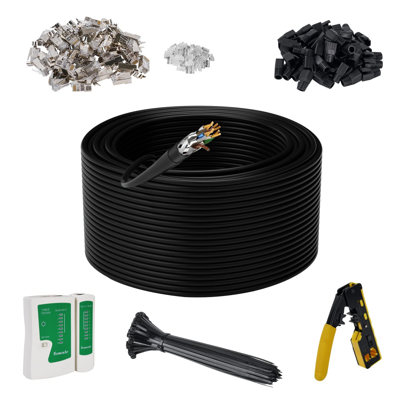 Cat 7 Outdoor Ethernet Bulk Cable 300 FT With Tool Kits, Adoreen 10Gbps Heavy…