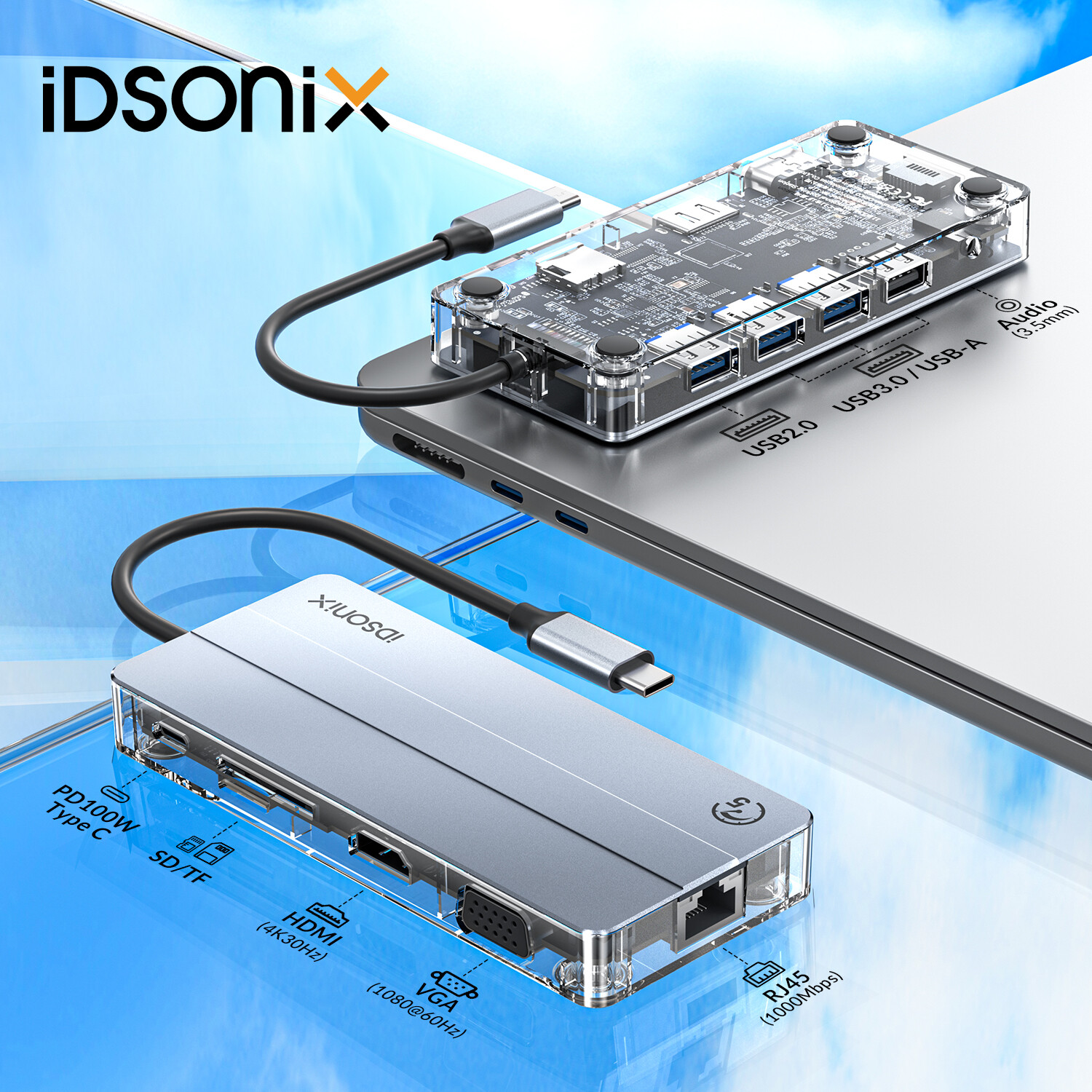 11-in-1 USB C Hub USB Type C to TF/SD HDMI 4K PD VGA RJ45 3.5mm Audio Adapter