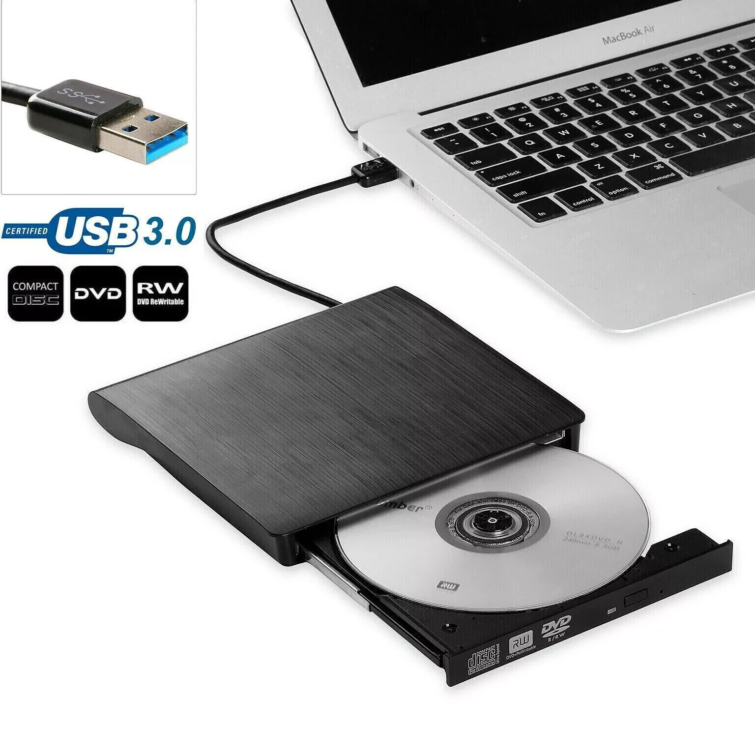 US Slim For Laptop External CD DVD RW Drive USB 3.0 Writer Burner Player Black.