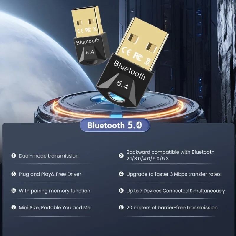 USB Bluetooth 5.4 Adapter Dongle for PC Windows 7 10 11 Wireless Receiver 20M